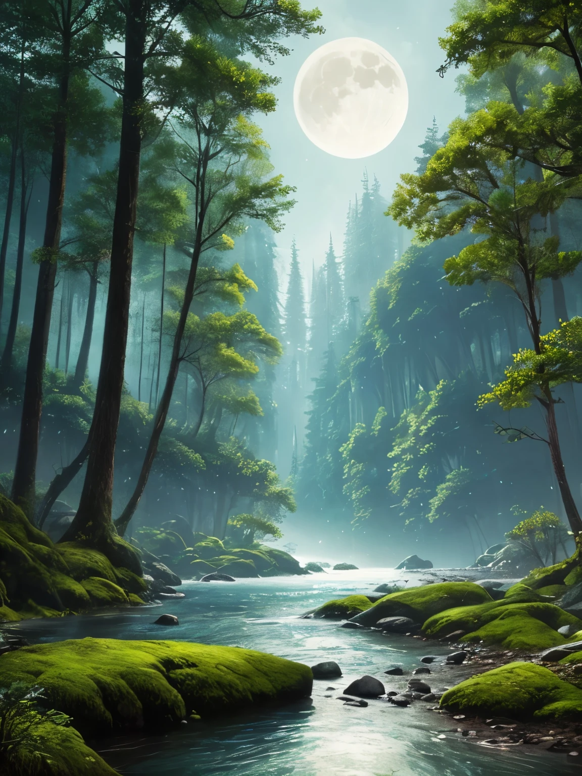 a view of a river running through a forest with a full moon in the sky, beautiful render of a landscape, quiet and serene atmosphere, unreal engine fantasy art, by Raphael Lacoste, horizon zero dawn aesthetic, beautifully lit landscape, realistic fantasy render, fantasy matte painting,cute, moonlit forest environment, peaceful environment, martin raphael lacoste, highly detailed environment