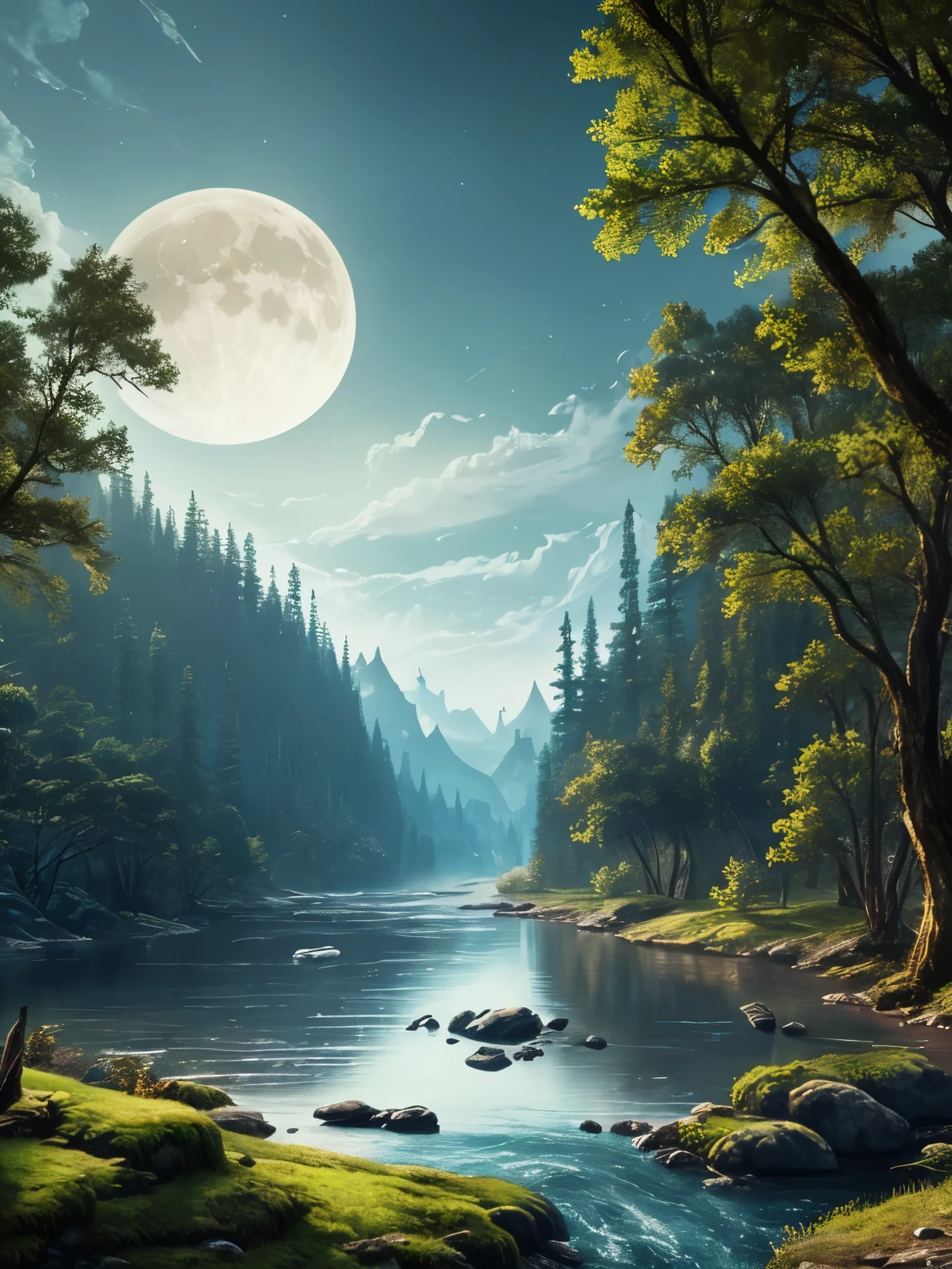 a view of a river running through a forest with a full moon in the sky, a matte painting by Raphael Lacoste, trending on Artstation, fantasy art, beautiful render of a landscape, quiet and serene atmosphere, unreal engine fantasy art, horizon zero dawn aesthetic, beautifully lit landscape, realistic fantasy render, fantasy matte painting，cute, moonlit forest environment, peaceful environment