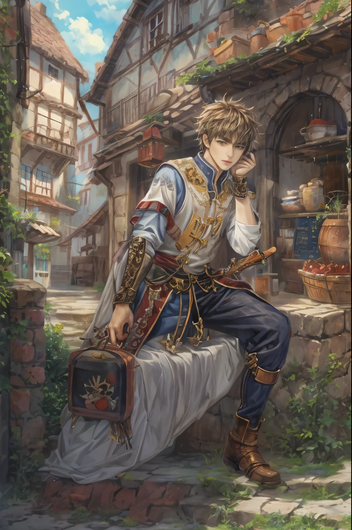 (absurdres, highres, ultra detailed, HDR), masterpiece, intricate, best quality, portrait of a character from "Tales of Crestoria", a male minstrel in a detailed scenery town background