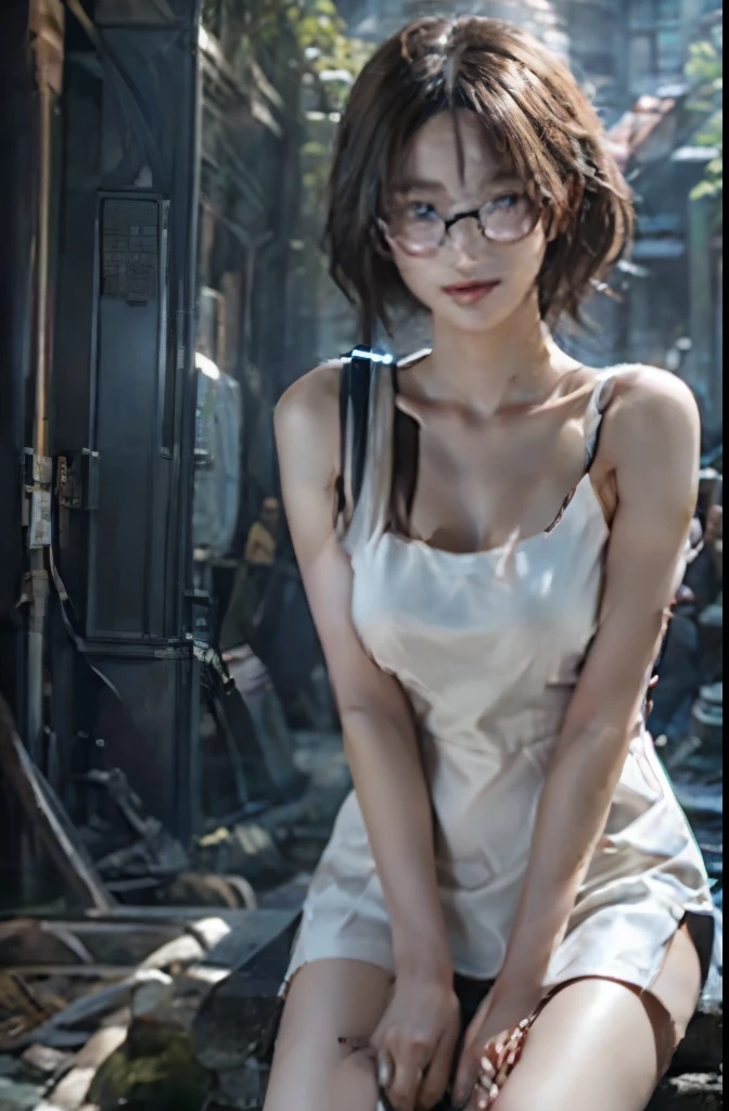 A Female robot is sleeping in forest, spread legs, nude, banzai pose. she does not wear any dress. She has black short hair. She lifts up the under hem of her white plain dress, leaning over, masterpiece, mature, android, blue eyes, full body figure, Height: 160cm, flushed cheeks, 2020s anime picture, A beautiful female robot , No NSFW, whole body, barefoot, archaic smile, getting orgasm, 25 years old, sweat bucket. She wears silver metal flamed glasses. 
She can move while doing a handstand.