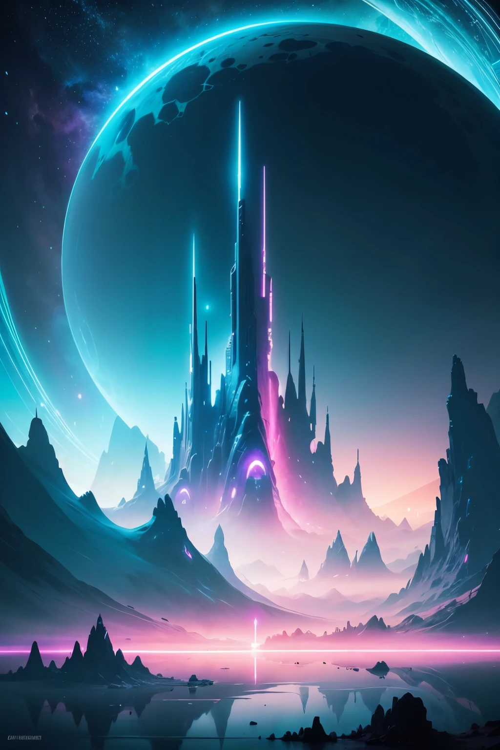 Exotic extraterrestrial terrain, alien worldscape, futuristic landscapes, vibrant neon colors, unusual geometry, floating islands, crystalline structures, glowing nebulae, atmospheric haze, dreamlike vistas, otherworldly horizons, intricate patterns, bioluminescent flora, and fauna, futuristic skyscrapers, and distant star systems.