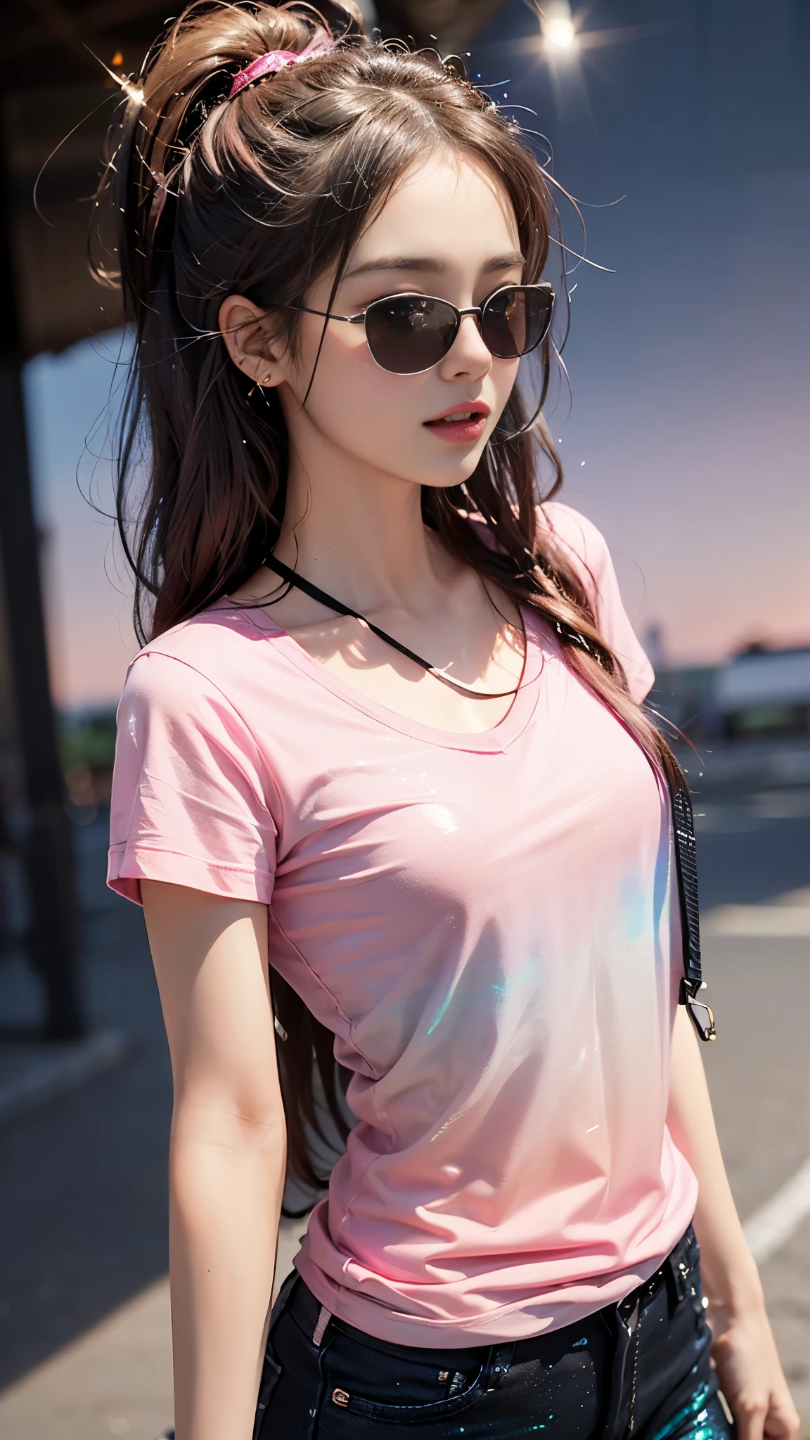 (best quality:1.2,4k ultra hd:1.2), a girl, beautiful face, full and glossy lips, long flowing hair, perfectly straightened, small breasts, (gradient pink t-shirt:1.5), (black straps:1.4), black jeans, complete with a cap, (sparkling sunglasses:1.5), capturing her character and charm, with a blurred background enhancing the relaxed atmosphere, showcasing her confidence and elegance,