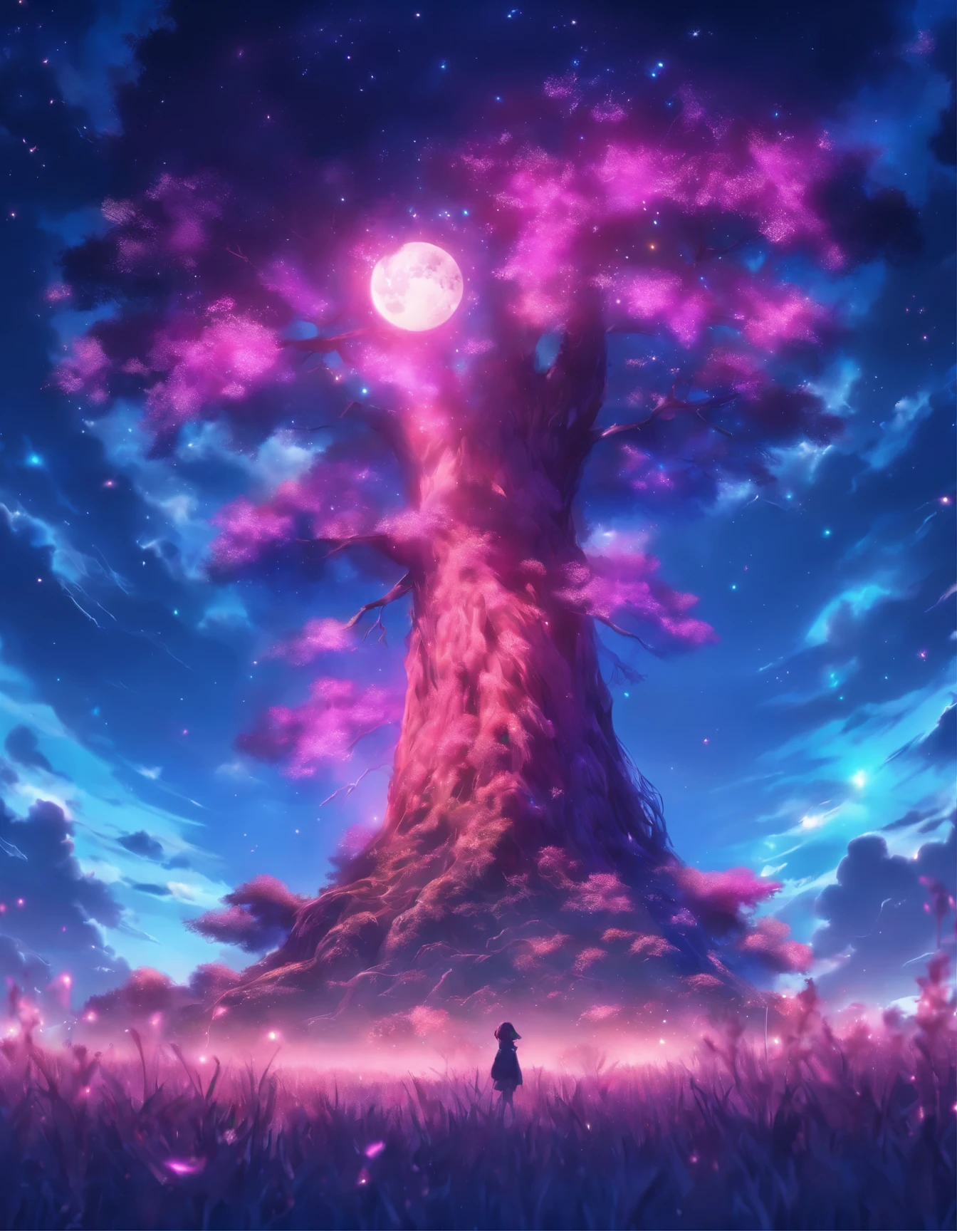 a tree in the middle of a field with a full moon in the background, a digital painting by Christopher Balaskas, trending on cgsociety, fantasy art, fantasy tree, a beautiful tree, magical tree, cgsociety 4k”, [ trending on cgsociety ]!!, gorgeous art, rending on cgsociety, trending on cgsociety art, very beautiful digital art