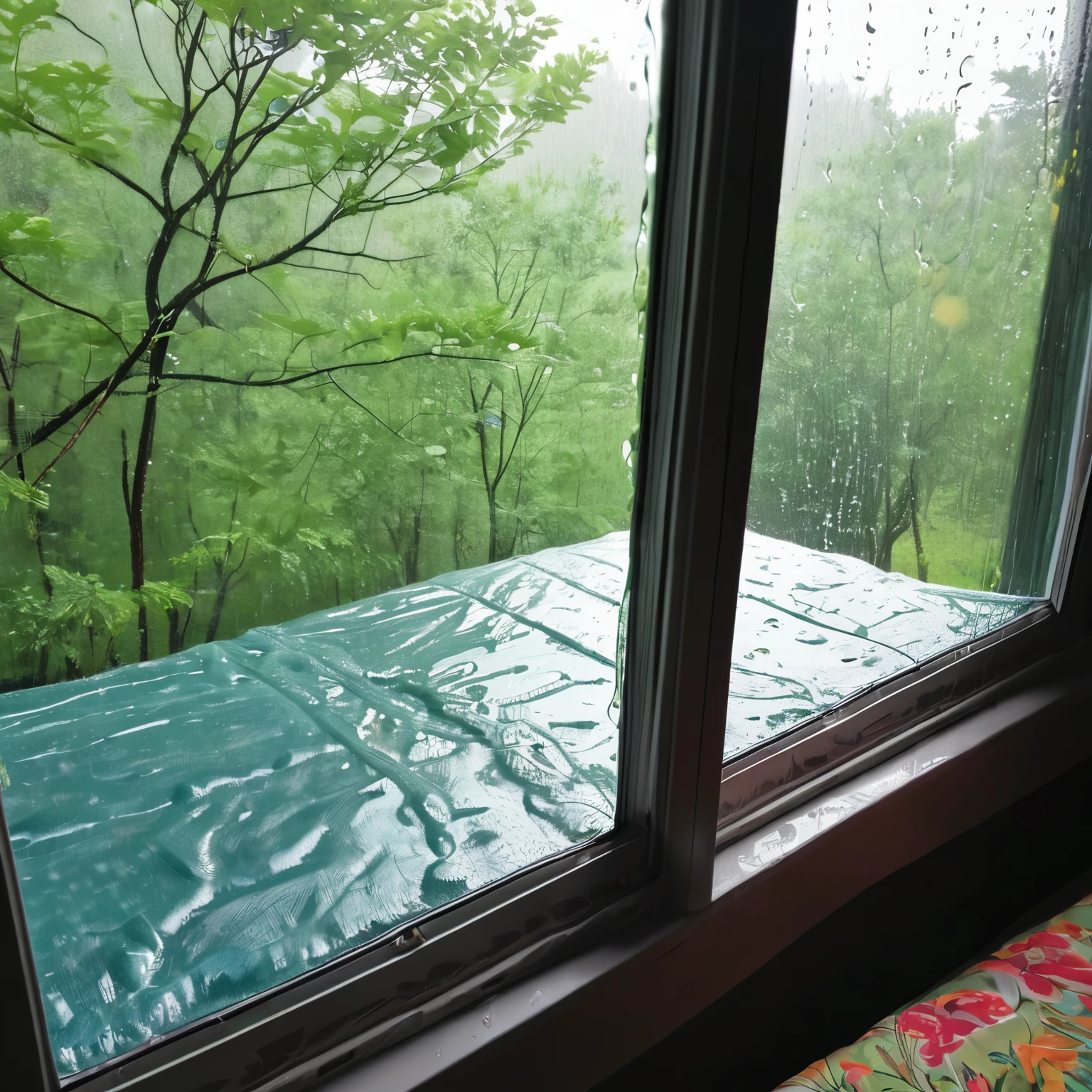 Mom's mattress, the window outside has a view of nature, there is a little rain.