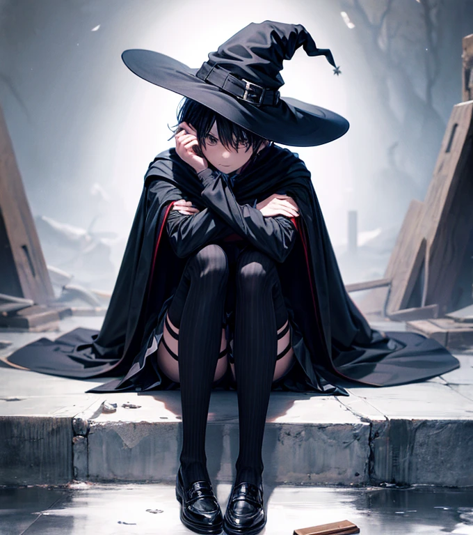 1boy, sitting, skirt, striped stockings, witch, emo, cloak, hat