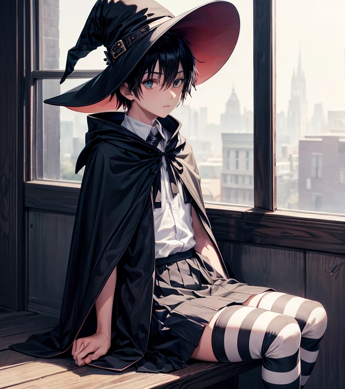 1boy, sitting, skirt, striped stockings, witch, emo, cloak, hat