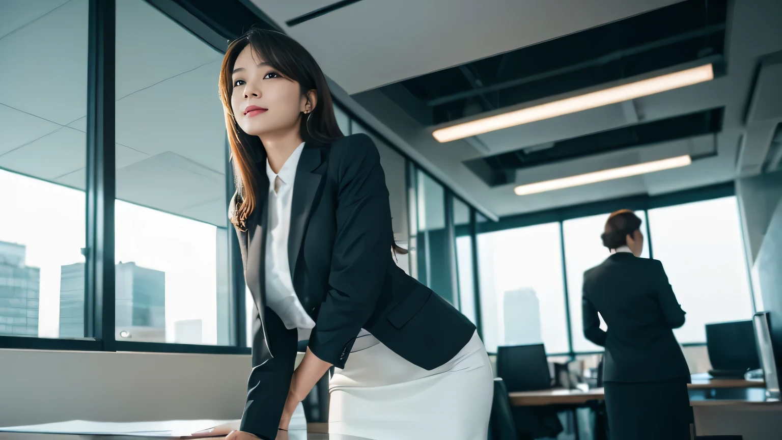1woman, beautiful office woman, cute, slender body, Realistic, professional photograpy, Realistic portrait, Cinematic Light, Beautiful detailed, white business shirt, business jacket, (tight Skirt), indoors, business office, window, night view, (view from below:1.3)