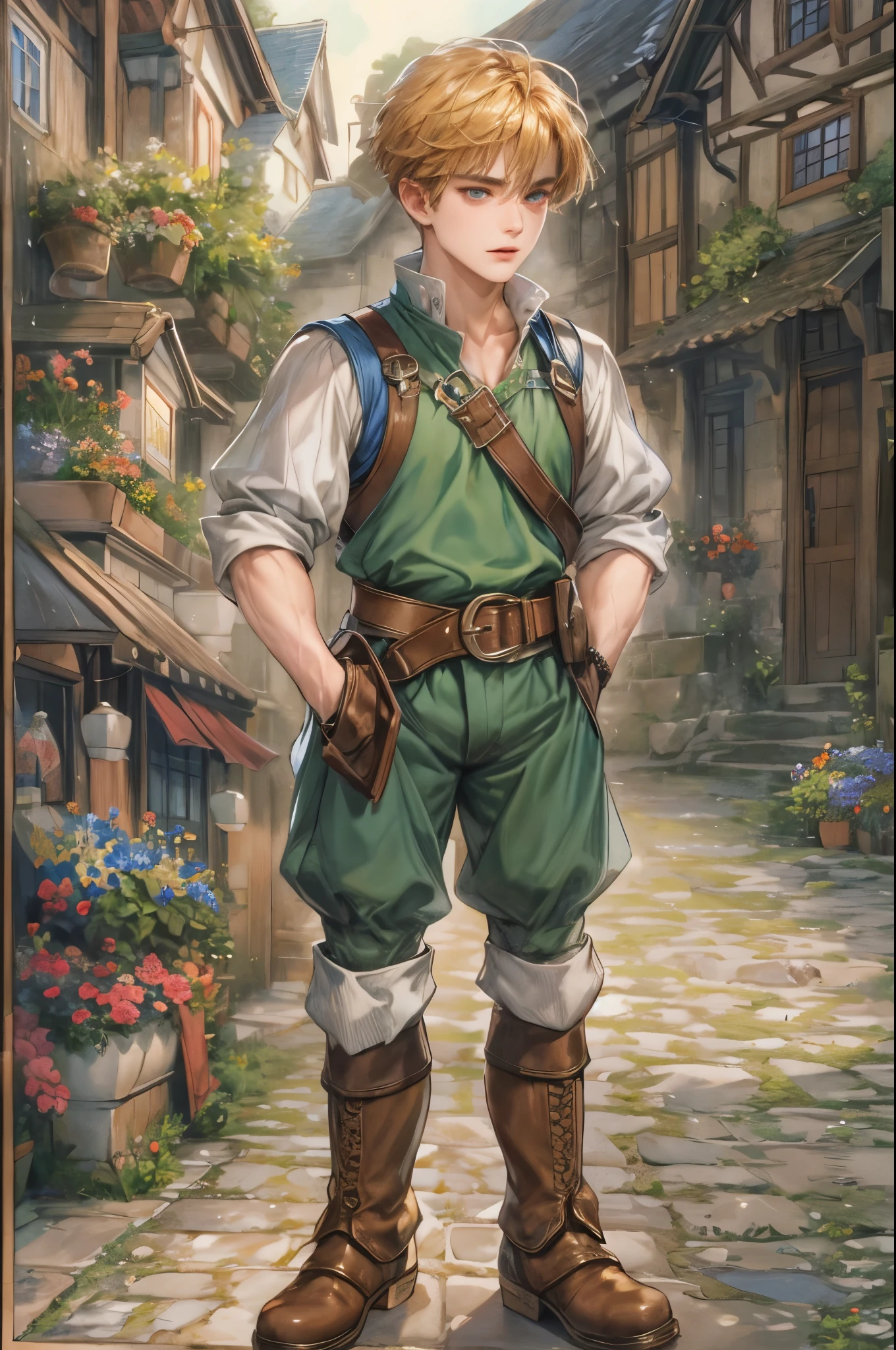 (masterpiece,best quality,ultra_detailed,highres,absurdres),1boy, perfect face, handsome, shorthair, character from gba game shining force, detailed scenery of town england style, detailed character
