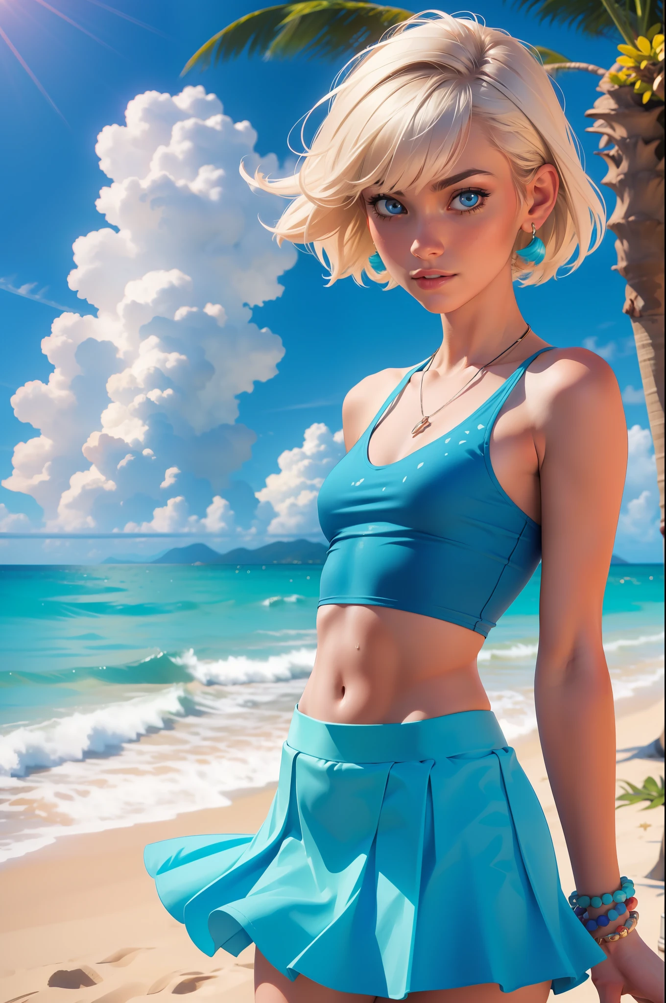 (best quality,4k,highres:1.2),ultra-detailed,(realistic:1.37)
1 girl, small girl with bleached hair, skinny body, small breasts, flat chest, skinny belly, blue skirt, tank top, short messy hair with bangs, short miniskirt, upskirt, necklaces, bracelet, earrings, blue eyes, visible background, on the beach
Illustration, beach landscape, vibrant colors, sunny day, sand, waves crashing, seashells, palm trees, clear blue sky, gentle breeze, warm sunlight, sparkling ocean, summer vibes