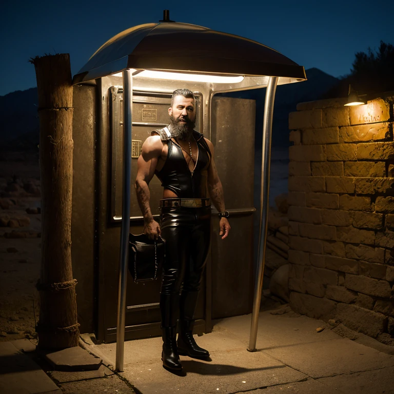 back full-body view of a bearded muscular shaved head at a bus stop in the desert, thick thighs, shiny black leather pants, shiny black leather boots, chain with very large links around the neck