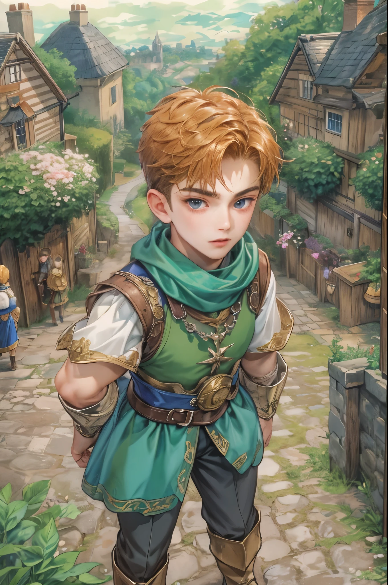 (masterpiece,best quality,ultra_detailed,highres,absurdres),1boy, perfect face, handsome, shorthair, character from gba game shining force, detailed scenery of town england style, detailed character