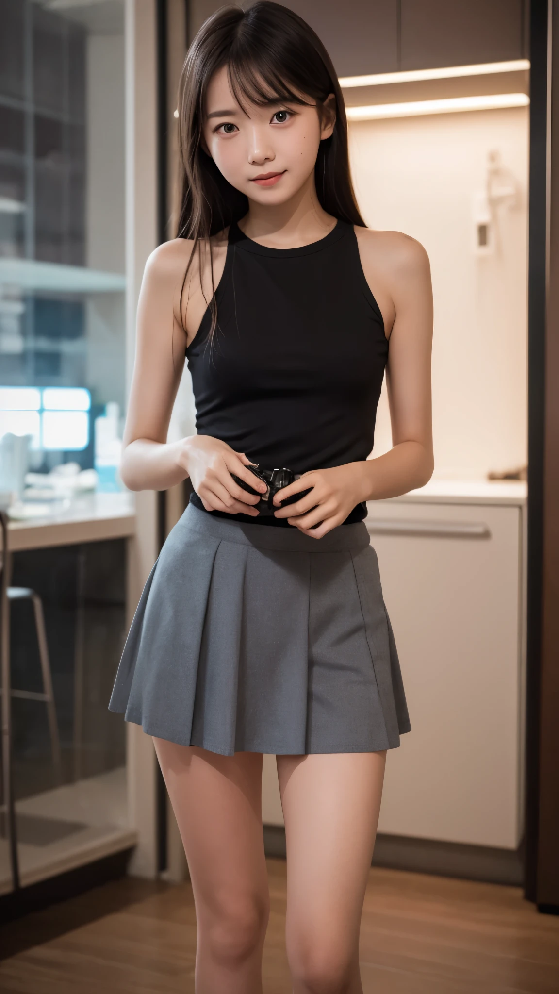 masterpiece, highest quality, 8K, 10 years old, teen uncensored, Raw photo, absurd, award-winning portraits, alone, night, neon light, idol face, violaces, gardenia, delicate girl,Digital single-lens reflex camera, view viewer, Frank, Sophisticated,Upper body, like々New, smile, thin arms, small shoulders,professional lighting, film grain, color difference, shortcut,double eyelid,thin neck,(small eyes and face:1.0), (Bokeh:1.1),revealing clothes,((micro skirt:1.2)),short skirt,mini skirt,beautiful thighs,