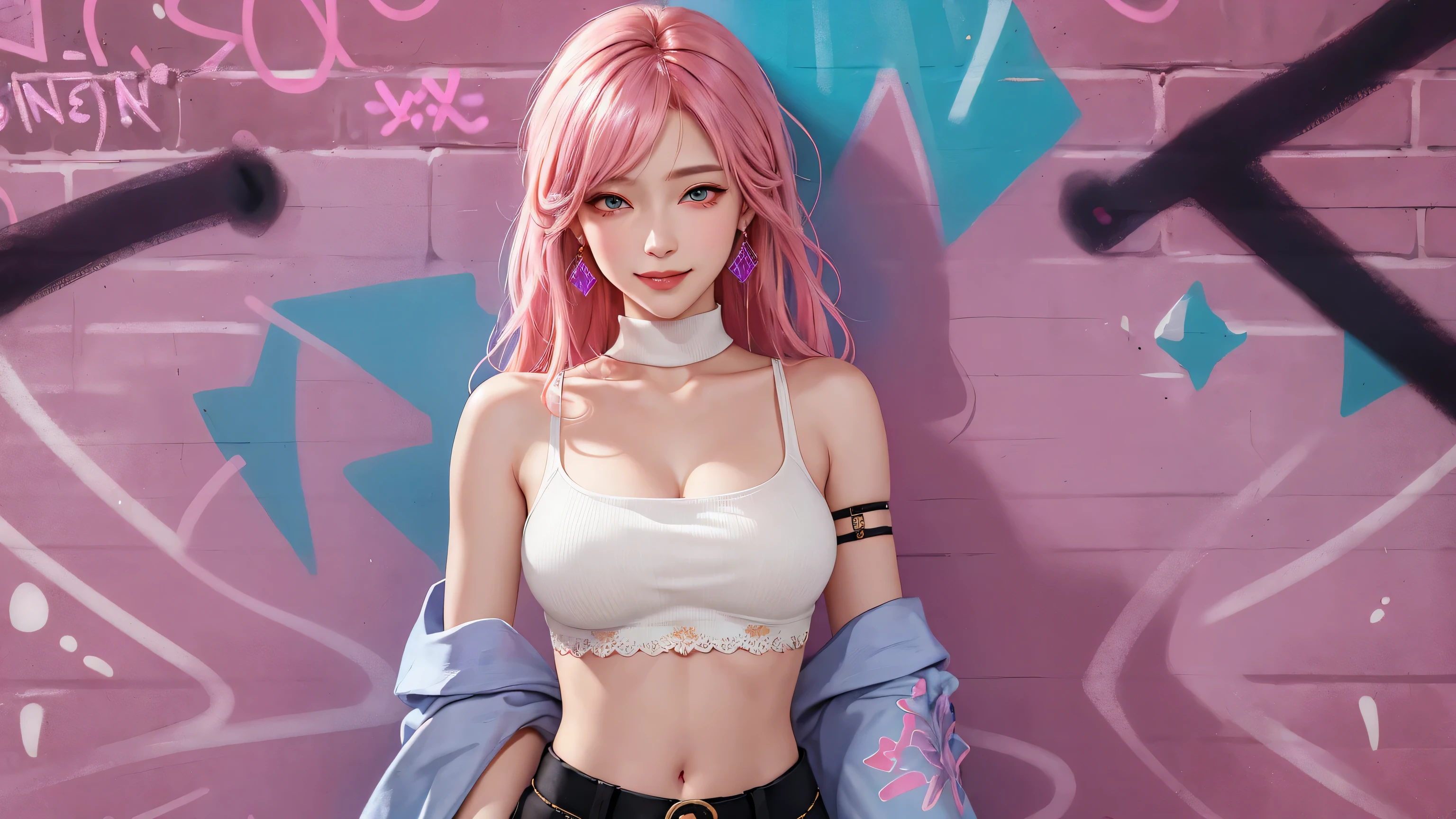 (masterpiece, best quality, 1girl, solo, intricate details, chromatic aberration), realistic, ((medium breath)),long hair, pink hair, red head ornament, pink highlights, hair over one eye,purple eyes, earrings, sharp eyes, choker, neon shirt, She wears a collar, bangles, and a kimono-style garter belt., crop top, (symmetry eyes),(perfect symmetrical body),against wall, brick wall, (colorful graffiti words on wall:1.2), dim lighting, alley ,look at viewer、dig breasts、smile、(No sleeve、Navel exposed、fitted turtleneck)、hot pants string street、thin butt、Please generate above the eaves.、thin shoulders、In underwear、