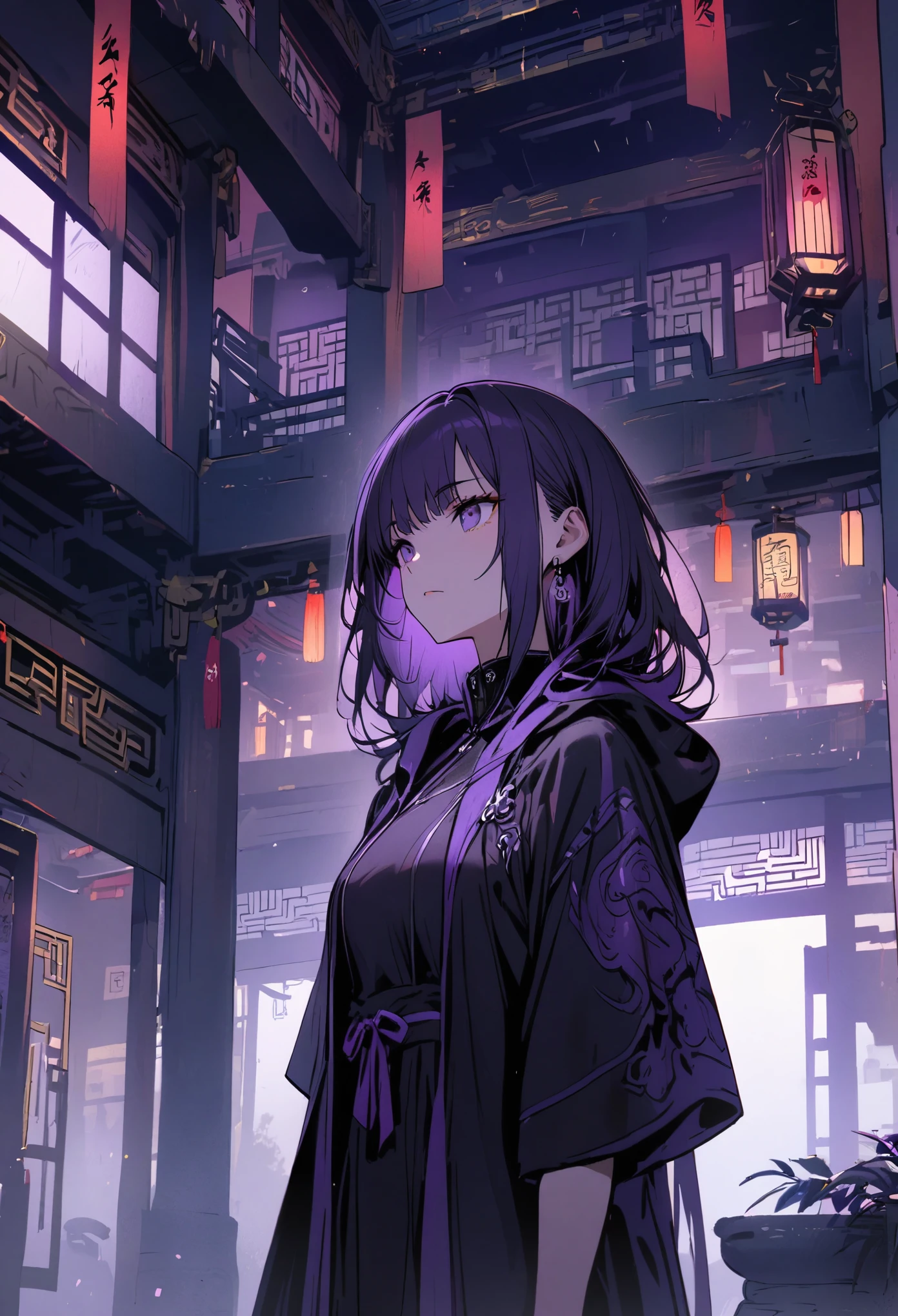 A girl, wearing a purple and black robe, stands in a Chinese-style building