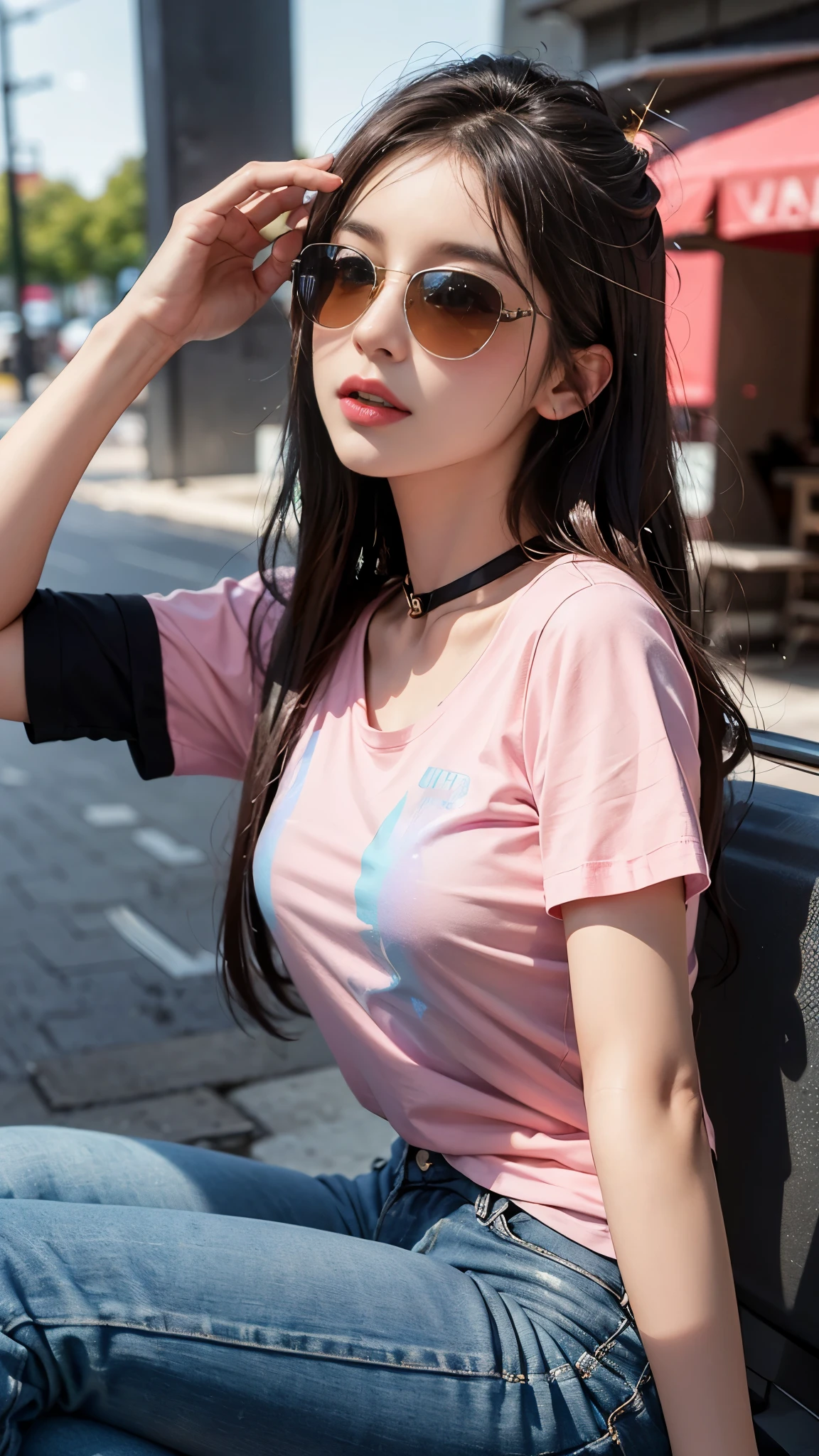 (best quality:1.2,4k ultra hd:1.2), a girl, beautiful face, full and glossy lips, long flowing hair, perfectly straightened, small breasts, (gradient pink t-shirt:1.5), (black straps t-shirt:1.4), black jeans, complete with a cap, (sparkling sunglasses:1.5), capturing her character and charm, with a blurred background enhancing the relaxed atmosphere, showcasing her confidence and elegance, sitting,