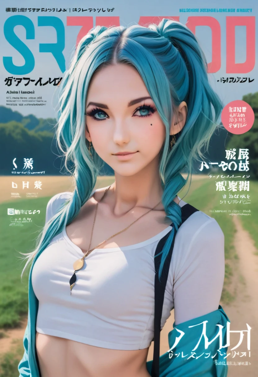 Aisha Hanabi in a magazine cover named, " Aisha Hanabi v1 ", blue hair, flat chested, mole under eye, magazine cover named, " Aisha Hanabi v1 ", 