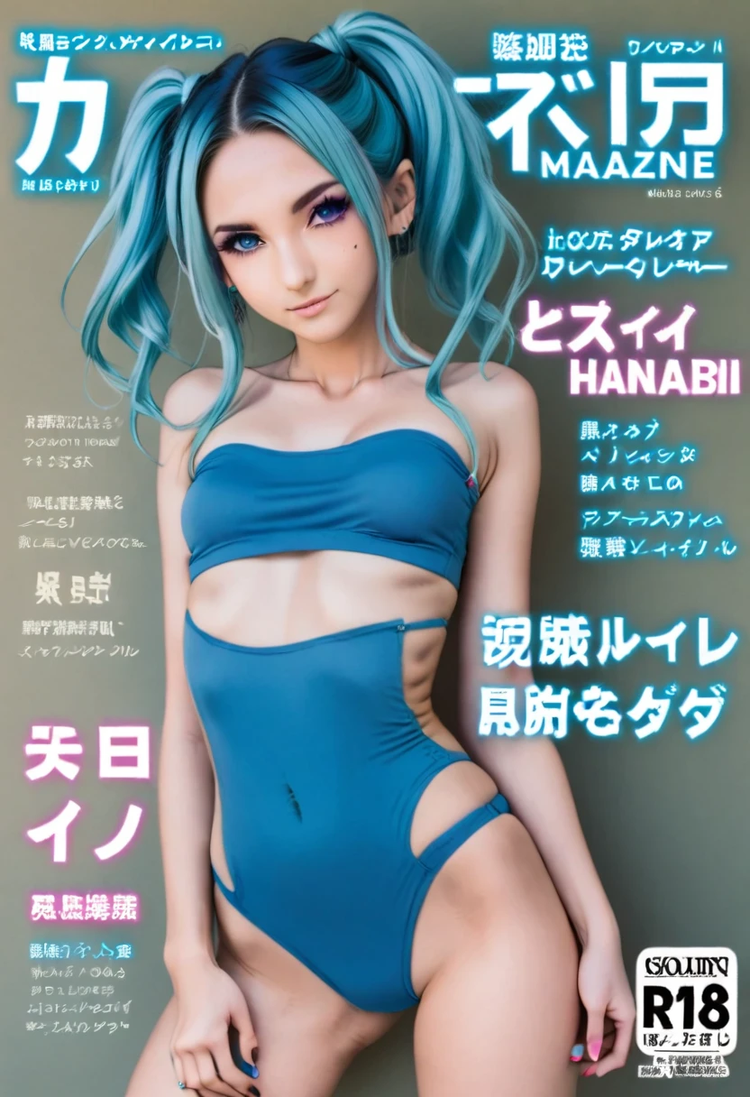 Aisha Hanabi in a magazine cover named, " Aisha Hanabi v1 ", blue hair, flat chested, mole under eye, magazine cover named, " Aisha Hanabi v1 ", 