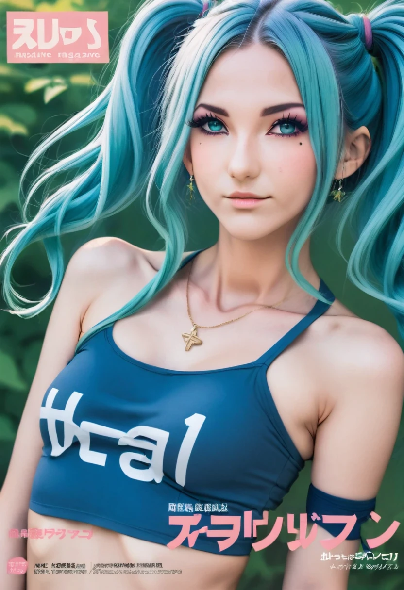 Aisha Hanabi in a magazine cover named, " Aisha Hanabi v1 ", blue hair, flat chested, mole under eye, magazine cover named, " Aisha Hanabi v1 ", 