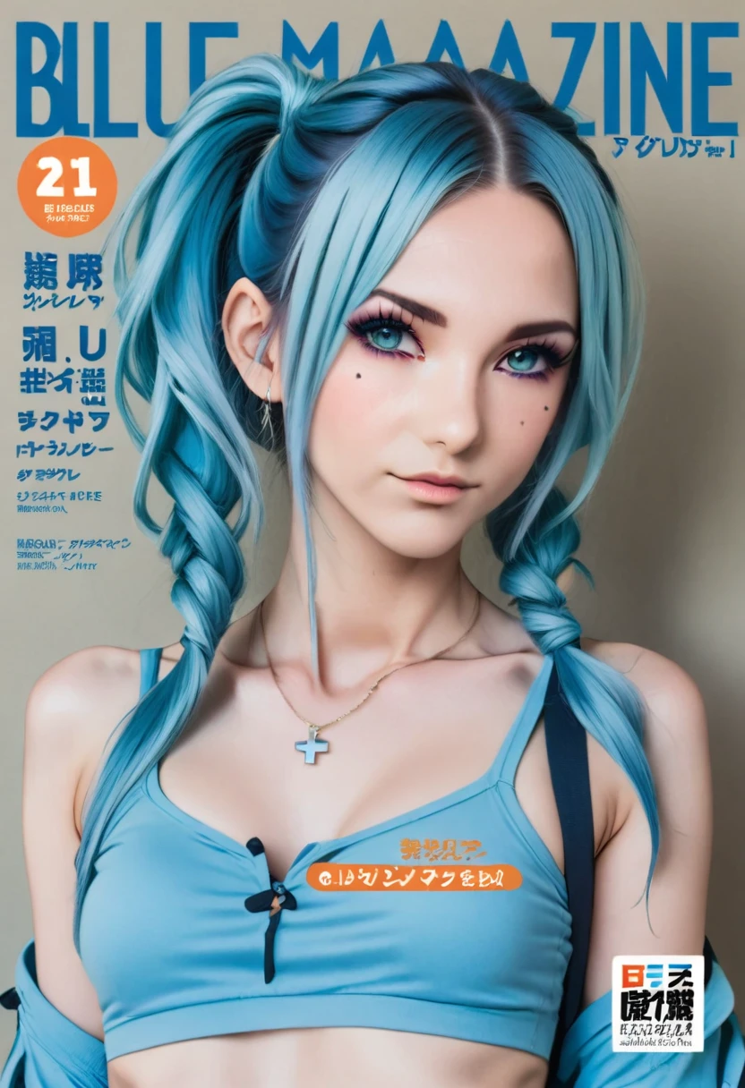 Aisha Hanabi in a magazine cover named, " Aisha Hanabi v1 ", blue hair, flat chested, mole under eye, magazine cover named, " Aisha Hanabi v1 ", 