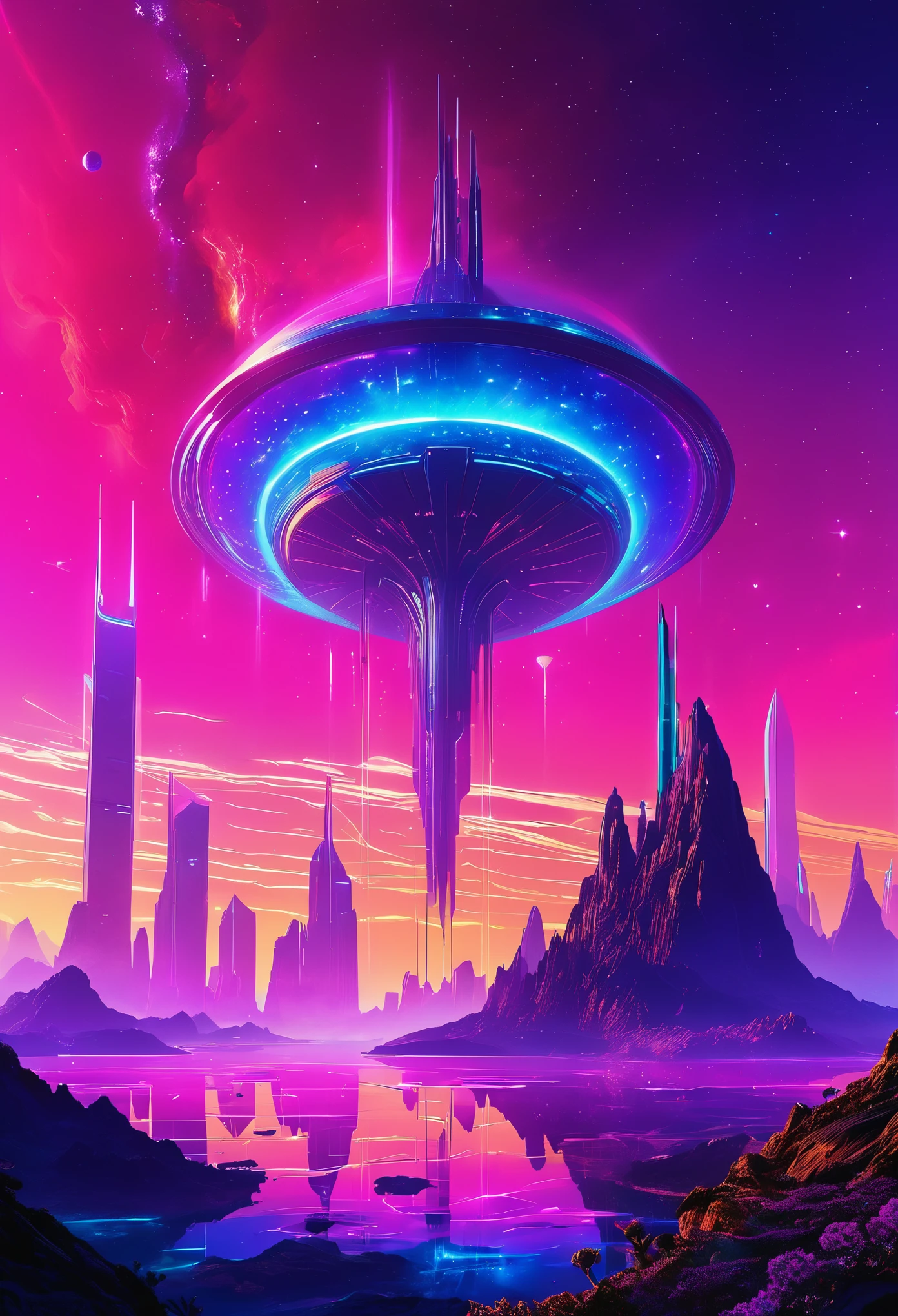 Exotic extraterrestrial terrain, alien worldscape, futuristic landscapes, vibrant neon colors, unusual geometry, floating islands, crystalline structures, glowing nebulae, atmospheric haze, dreamlike vistas, otherworldly horizons, intricate patterns, bioluminescent flora, and fauna, futuristic skyscrapers, and distant star systems.
