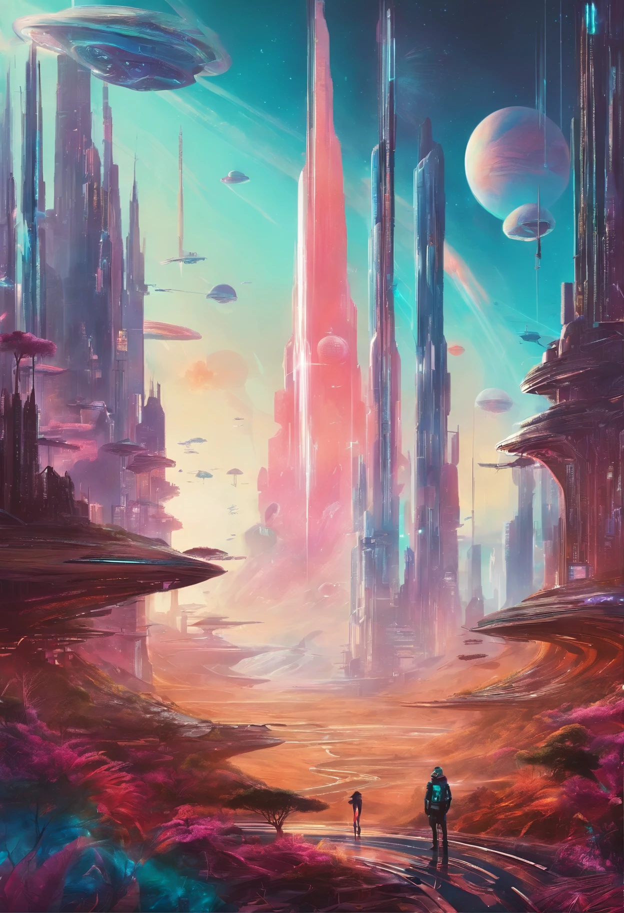 Exotic extraterrestrial terrain, alien worldscape, futuristic landscapes, vibrant neon colors, unusual geometry, floating islands, crystalline structures, glowing nebulae, atmospheric haze, dreamlike vistas, otherworldly horizons, intricate patterns, bioluminescent flora, and fauna, futuristic skyscrapers, and distant star systems.
