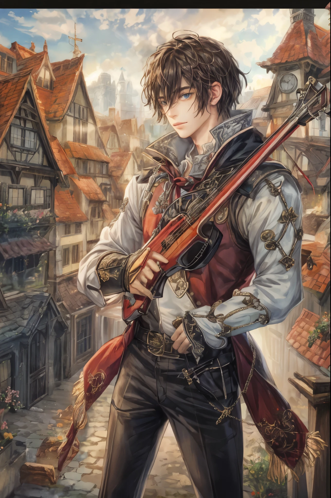(absurdres, highres, ultra detailed, HDR), masterpiece, intricate, best quality, portrait of a character from "Tales of Crestoria", a male minstrel in a detailed scenery town background