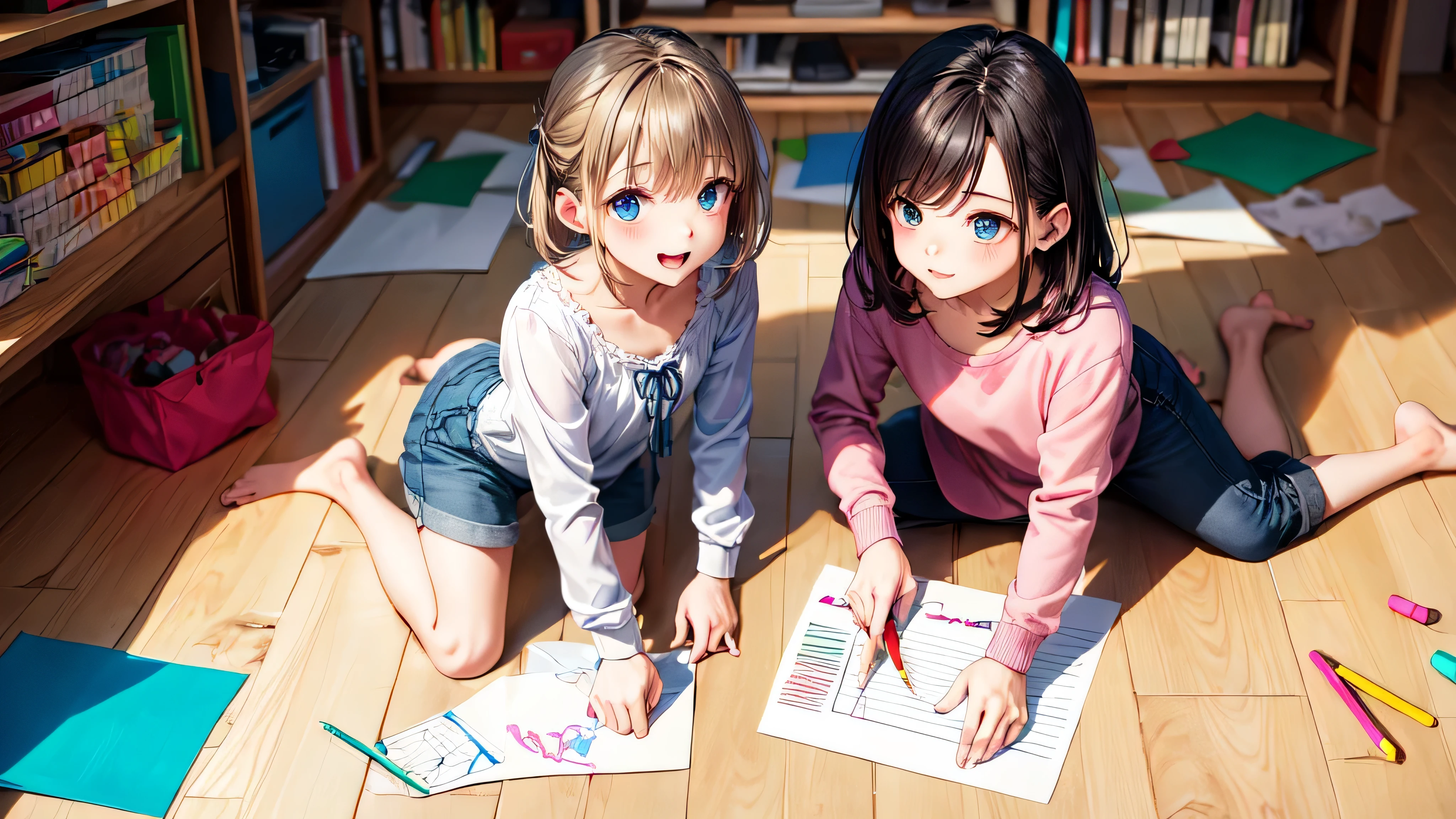 the twins drawing on the floor with paper and crayons. fundo branco, - (Two brunette twins, de 5 anos, roupas rosa)