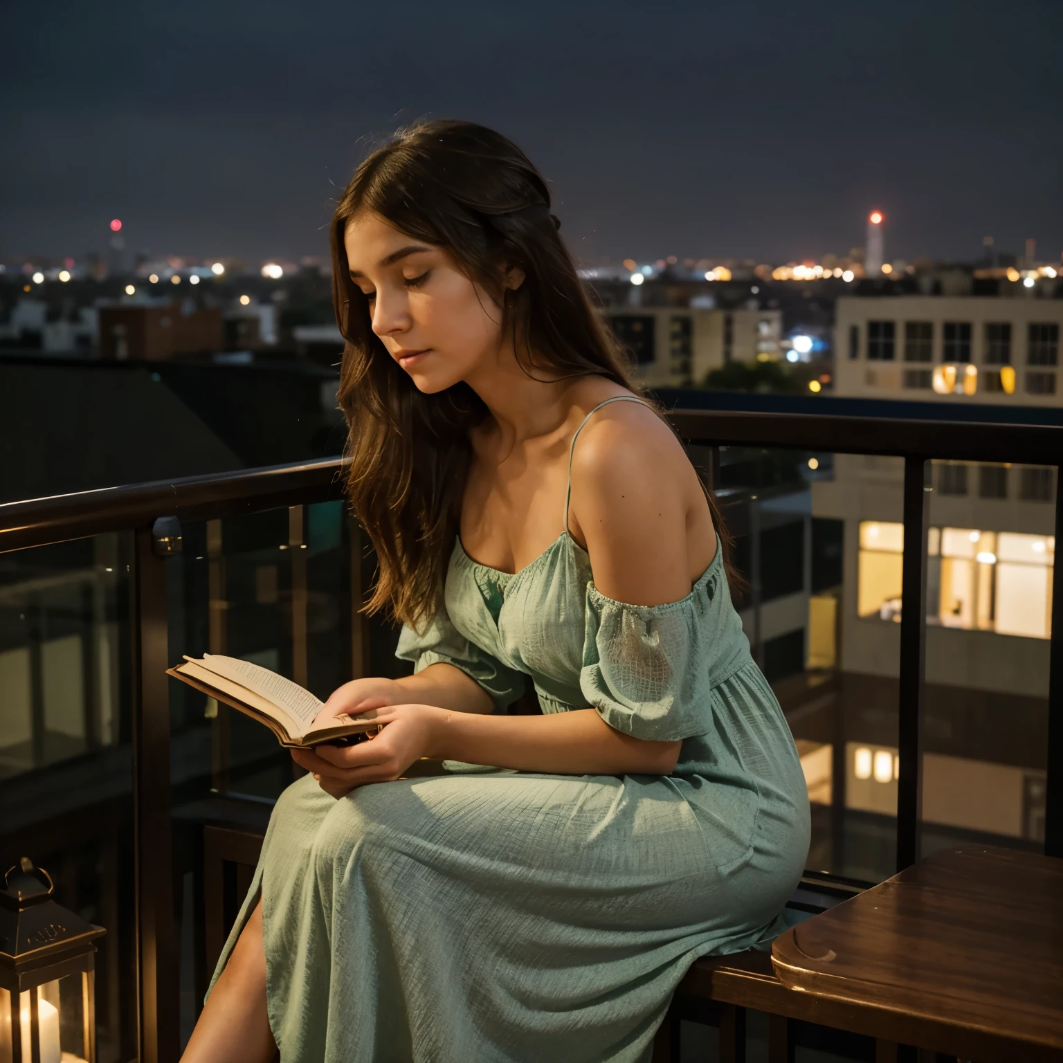 In the evening, the girl sits in the balcony with city lights in the background, dressed in a flowy maxi dress and holding a book. Capture her contemplative pose and reflective expression from a slightly upward camera angle, focusing on the city lights.