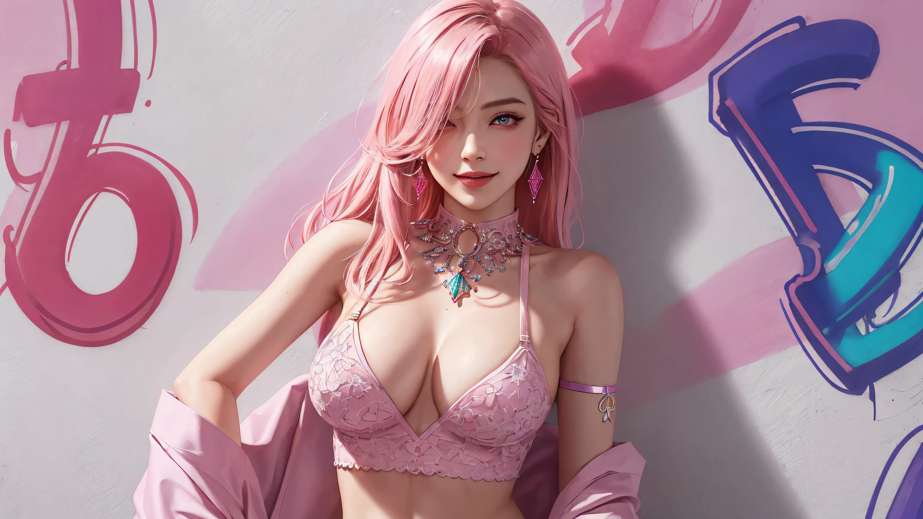 (masterpiece, best quality, 1girl, solo, intricate details, chromatic aberration), realistic, ((medium breath)),long hair, pink hair, red head ornament, pink highlights, hair over one eye,purple eyes, earrings, sharp eyes, choker, neon shirt, She wears a collar, bangles, and a kimono-style garter belt., crop top, (symmetry eyes),(perfect symmetrical body),against wall, brick wall, (colorful graffiti words on wall:1.2), dim lighting, alley ,look at viewer、dig breasts、smile、(No sleeve、Navel exposed、fitted turtleneck)、hot pants string street、thin butt、Please generate above the eaves.、thin shoulders、In underwear、