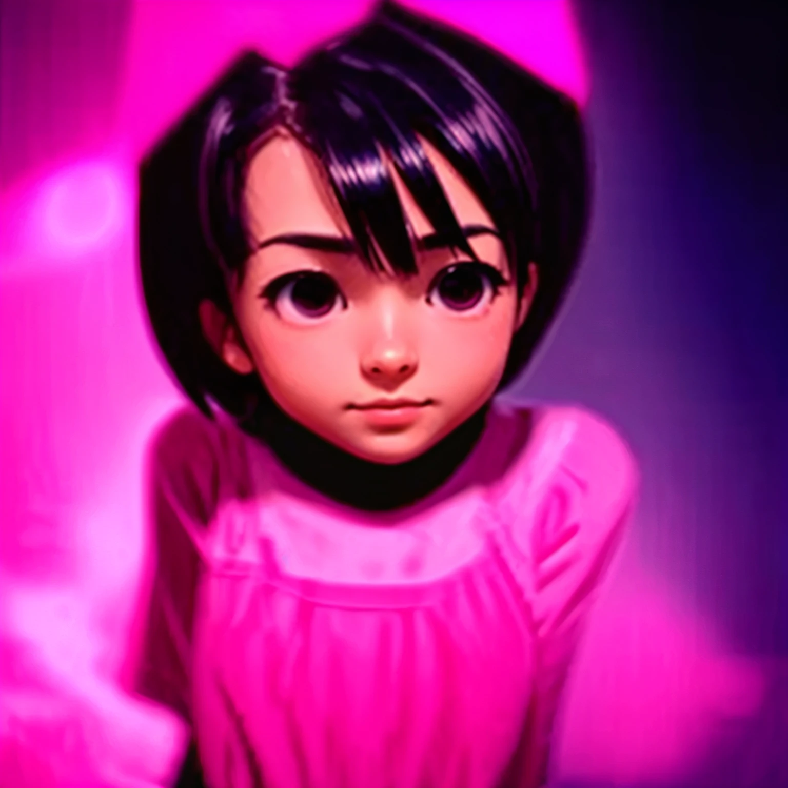 1 woman, anime, with a big head, a light on the left corner of the mouth, short hair, , sexy dress, and 1 big bike, pink, cute.