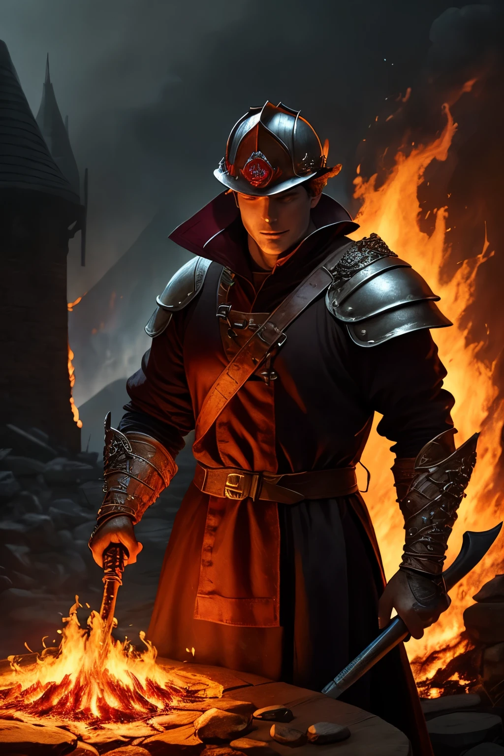 Medieval firefighter, amidst raging inferno, valiantly battles the flames, donning worn leather armor, with a helm shielding his face, sleeves rolled up, showing muscular forearms. Sweat glistens on his brow as he wields a heavy axe, determined to save the ancient castle from destruction. Smoke fills the air as sparks fly, illuminating the heroic figure, surrounded by a fiery apocalypse.

Wizards of the Cost, in a DnD style gathering, exchange tales and potions, gathered around a table, embellished with intricate runes and magical artifacts. Rubies, sapph