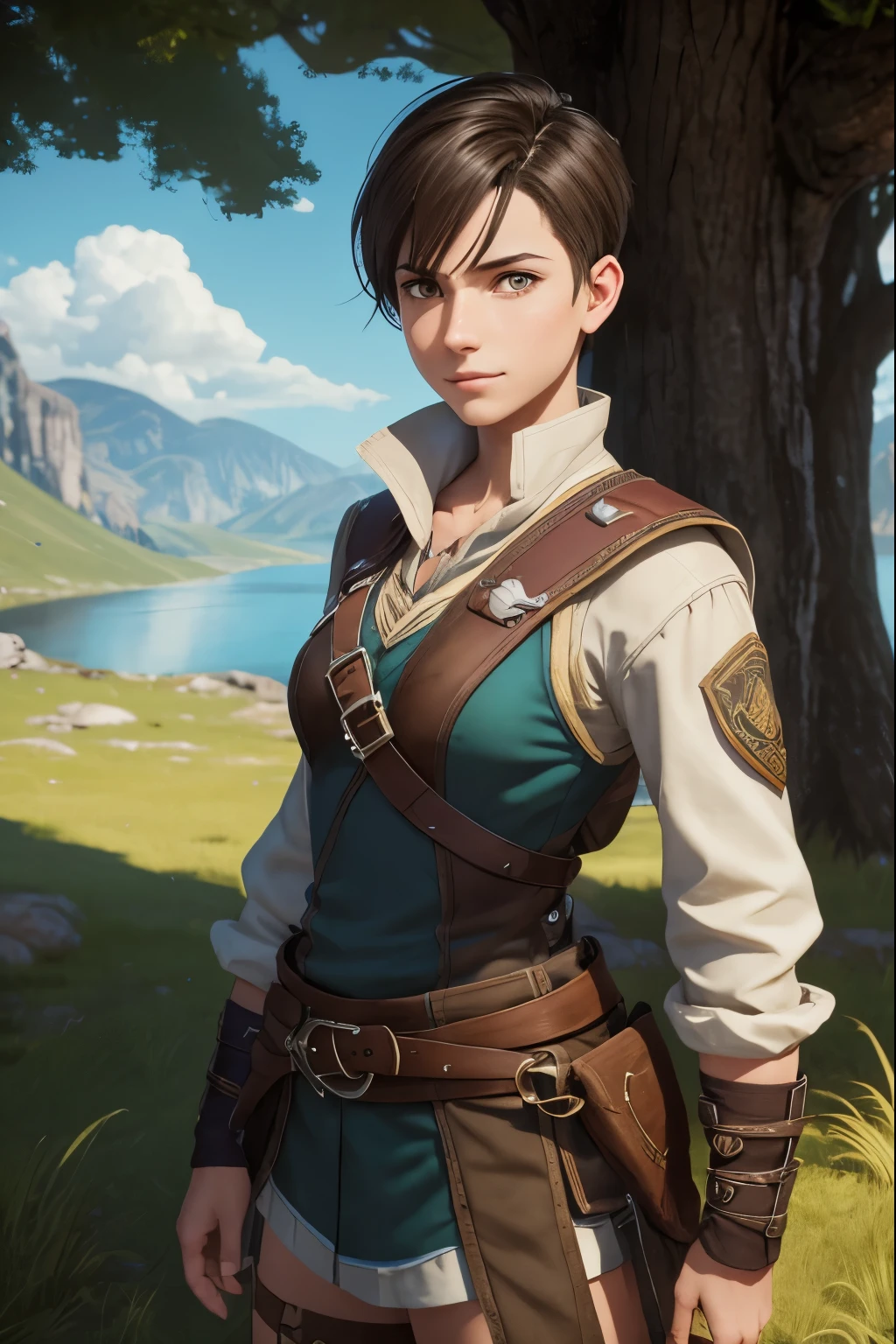 A happy young woman with an undercut in a fantasy setting. An adventurer and ranger. Very androgynous looking. In a good mood. Sympathic. Tomboyish. Androgynous. Slim body. Very . Very small breasts. Wide hips. Thick legs. Face: Extremly pale skin with liverspots and freckles. Soft narrow face with a round chin. Soft small jaw. Big forehead. Very thin barely visible eyebrows. Upturned big dark-brown eyes. Dark-brown eyecolour. Very long and wide nose. Big curved lips. Very short dark-brown hair. A boyish short haircut. Undercut. Sides shaved. A tight fantasy outfit of a lonley ranger and adventuerer. Background: Wide colourful plains. Green grass. A big lake. Shiny blue sky. Wonderful weather. Sense of wideness and freedom.