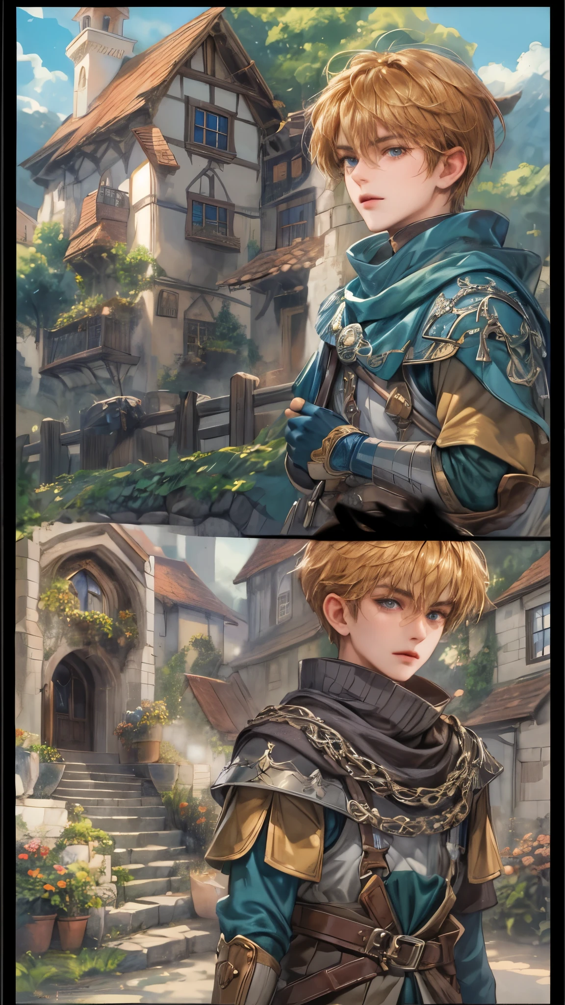 (masterpiece,best quality,ultra_detailed,highres,absurdres),1boy, perfect face, handsome, shorthair, character from gba game shining force, detailed scenery of town england style, detailed character