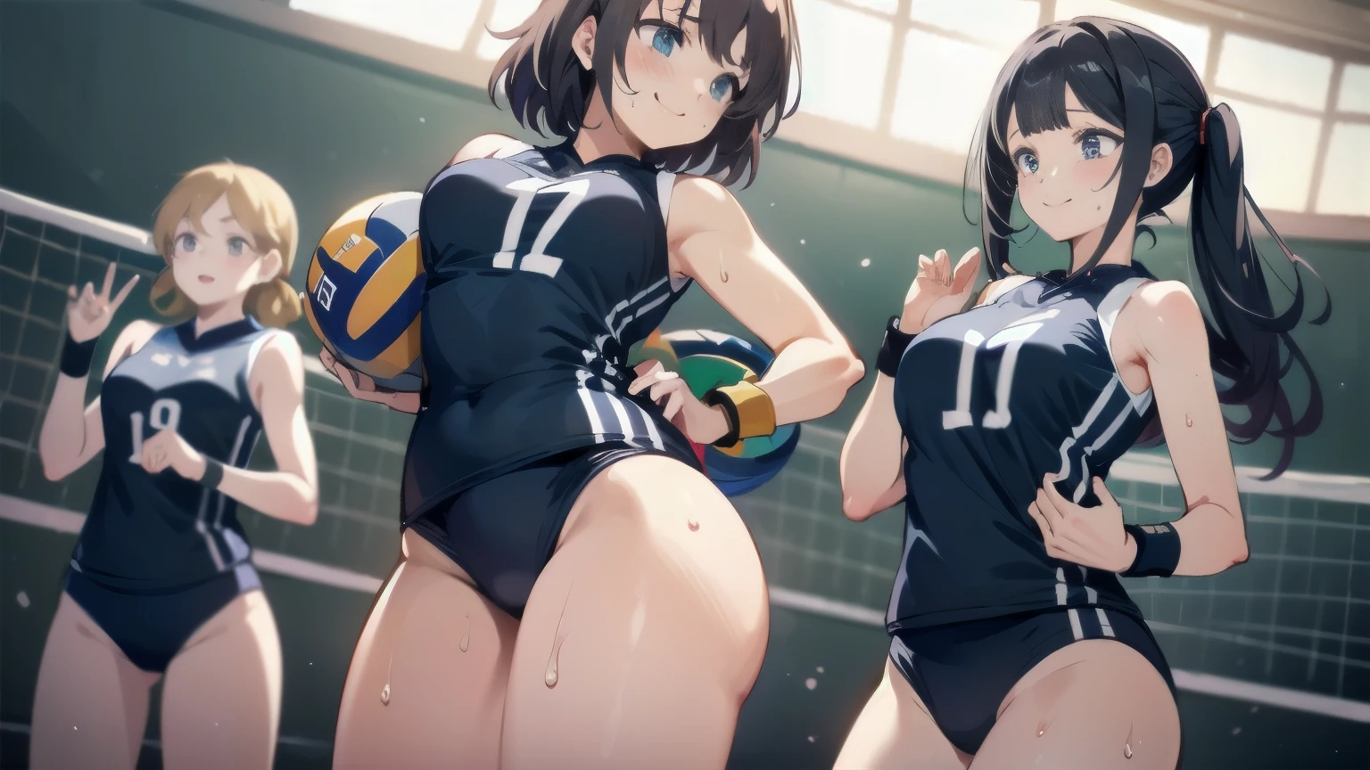 unity 8k wallpaper, anatomically correct, (((masterpiece))), (((best quality))), (((ultra detailed))), (((high-resolution))), ((super fine illustration)), ((Ultimate cutie)), ((detailed beautiful face)), perfect hands, perfect finger, (((good anatomy))), BREAK, multiple girls, lovingly gaze, harem, group picture, , (potbelly), (Curve), medium breasts, ((thick thighs)), Shiny hair, (((coquettish smile))), (((blush))), BREAK, Adidas, Sleeveless collared Volleyball Uniforms, ((wristbands)), BREAK, (Hold the beautiful spherical 6-inch volleyball), ((Sweat)), (perspired), (Heavy breathing), in gymnasium, in volleyball court, depth of field, strong light, cowboy shot,,