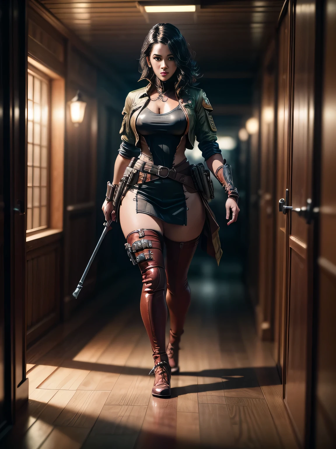 (8k,1080p,realistic skin texture,realistic,masterpiece:1.4, best quality,high-res,HDR:1.5), (((full body, full shot))), a beautiful 25 years old British female vampire mercenary with short black hair, pale skin, wearing red leather long jacket and black tight pants, holding dual handguns, view from front, waist up shot, dynamic pose, ambient lighting, photo realism, intricate face detail, intricate hand details, highly detailed, vibrant colors, cinematic, high definition, trending on Artstation--style raw