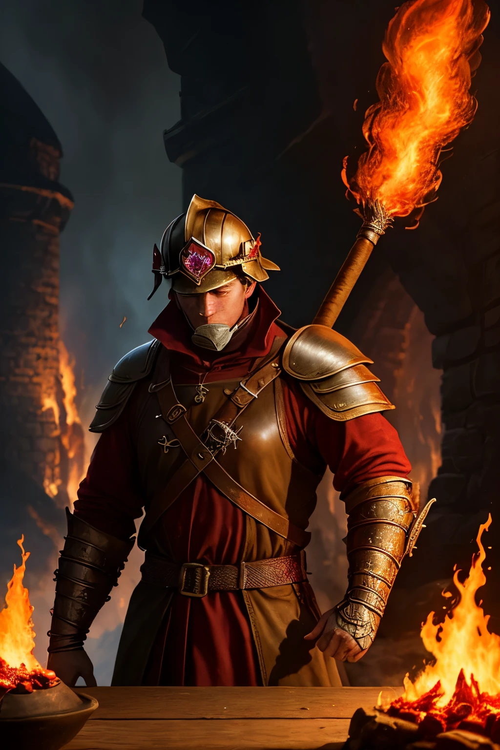 Medieval firefighter, amidst raging inferno, valiantly battles the flames, donning worn leather armor, with a helm shielding his face, sleeves rolled up, showing muscular forearms. Sweat glistens on his brow as he wields a heavy axe, determined to save the ancient castle from destruction. Smoke fills the air as sparks fly, illuminating the heroic figure, surrounded by a fiery apocalypse.

Wizards of the Cost, in a DnD style gathering, exchange tales and potions, gathered around a table, embellished with intricate runes and magical artifacts. Rubies, sapph