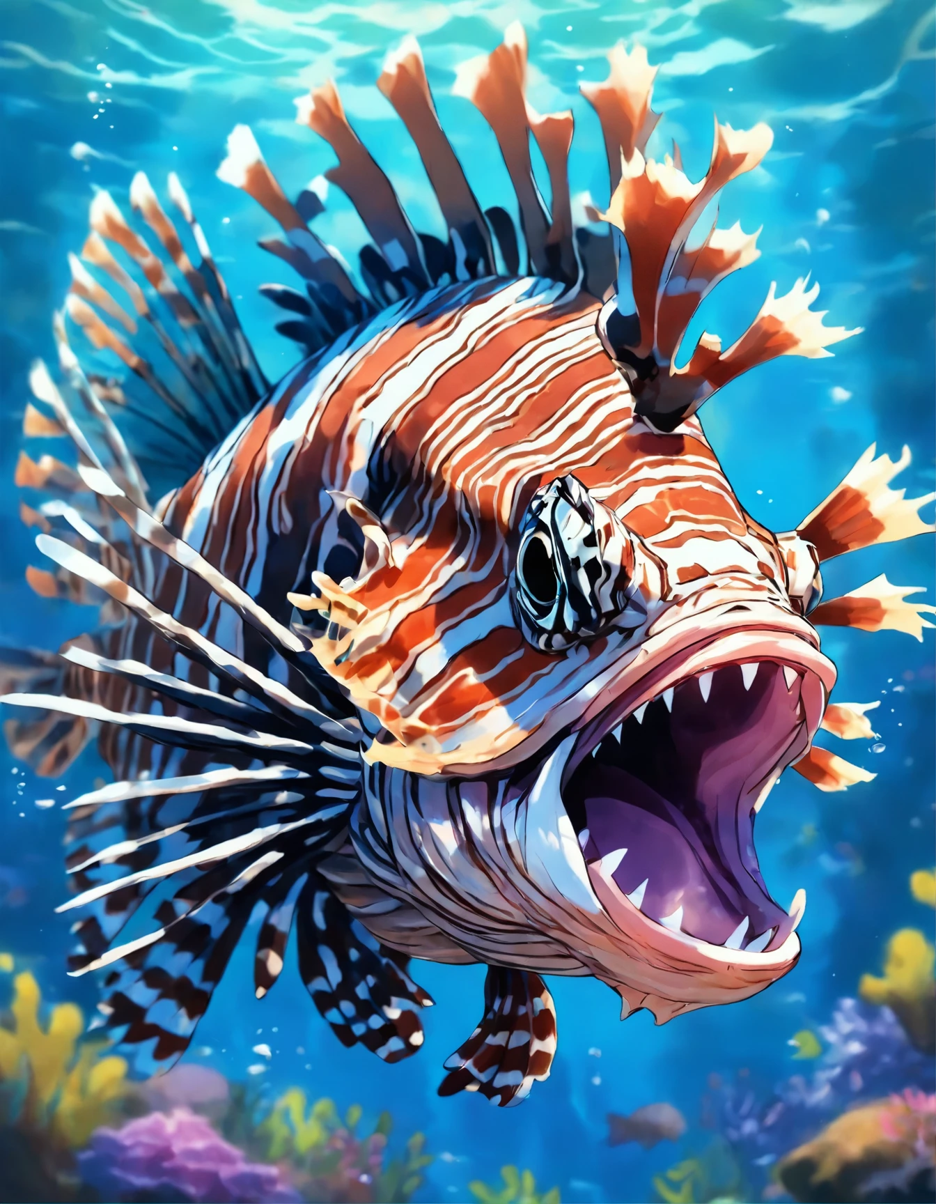 painting of a lionfish attacking a fish in the ocean, scary sea monster, underwater sea monster, serpentine water monster, sea monster, scylla and charybdis, sea serpent, sea monsters, amazingly detailed d & d art, aquatic creature, paleoart, great leviathan, magic : the gathering art, magic the gathering art