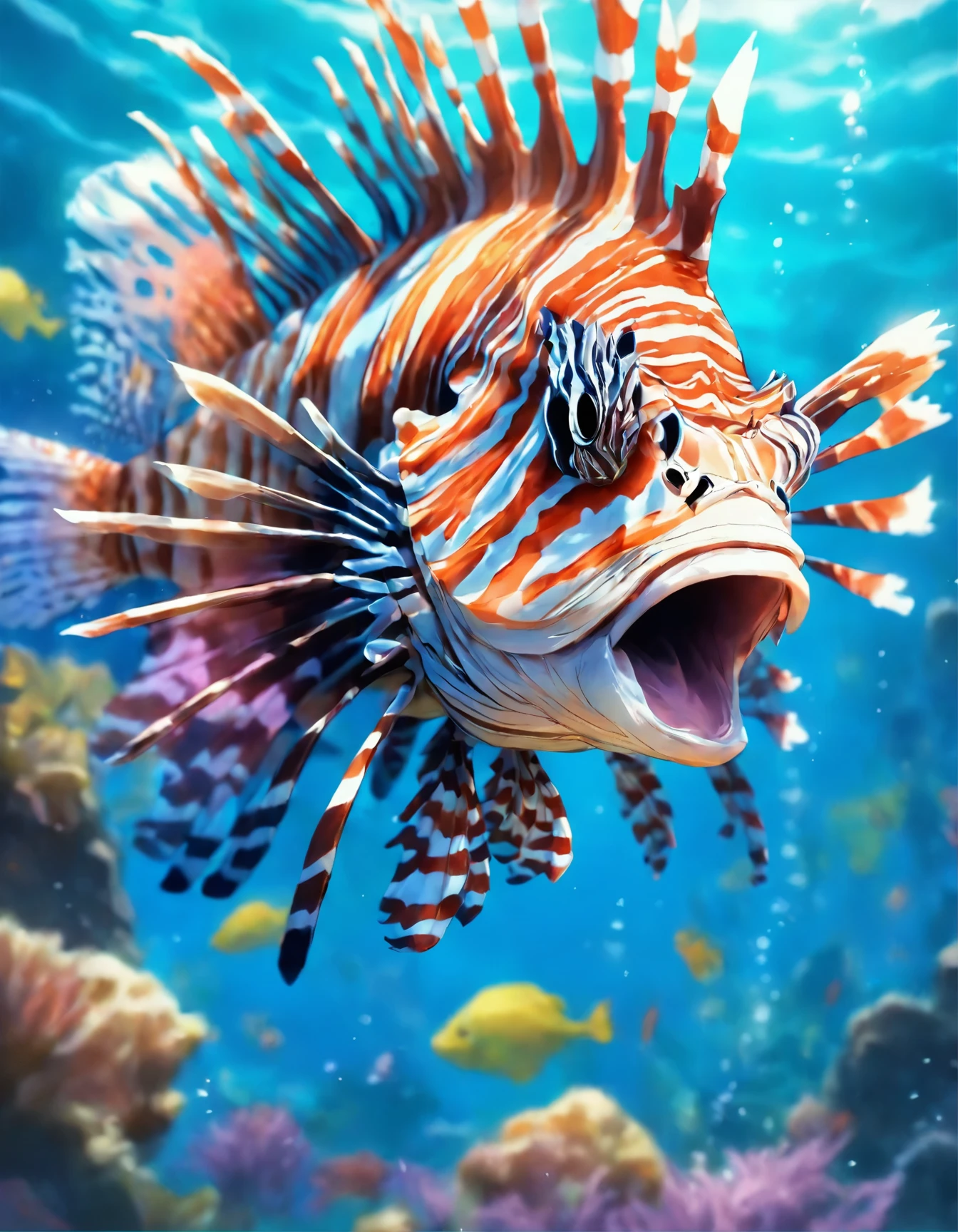 painting of a lionfish attacking a fish in the ocean, an illustration of by Greg Rutkowski, trending on cgsociety, fantasy art, scary sea monster, underwater sea monster, serpentine water monster, sea monster, scylla and charybdis, sea serpent, sea monsters, amazingly detailed d & d art, aquatic creature, paleoart, great leviathan
