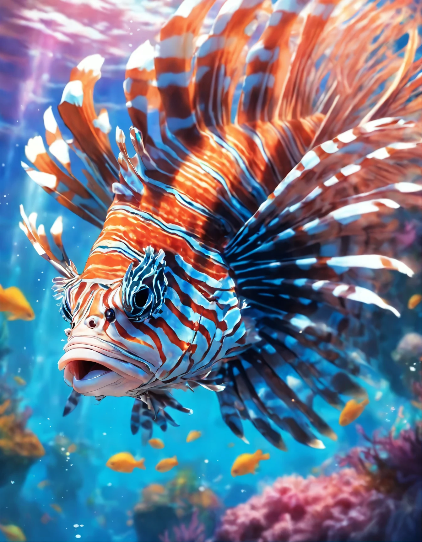 painting of a lionfish attacking a fish in the ocean, an illustration of by Greg Rutkowski, trending on cgsociety, fantasy art, scary sea monster, underwater sea monster, serpentine water monster, sea monster, scylla and charybdis, sea serpent, sea monsters, amazingly detailed d & d art, aquatic creature, paleoart, great leviathan