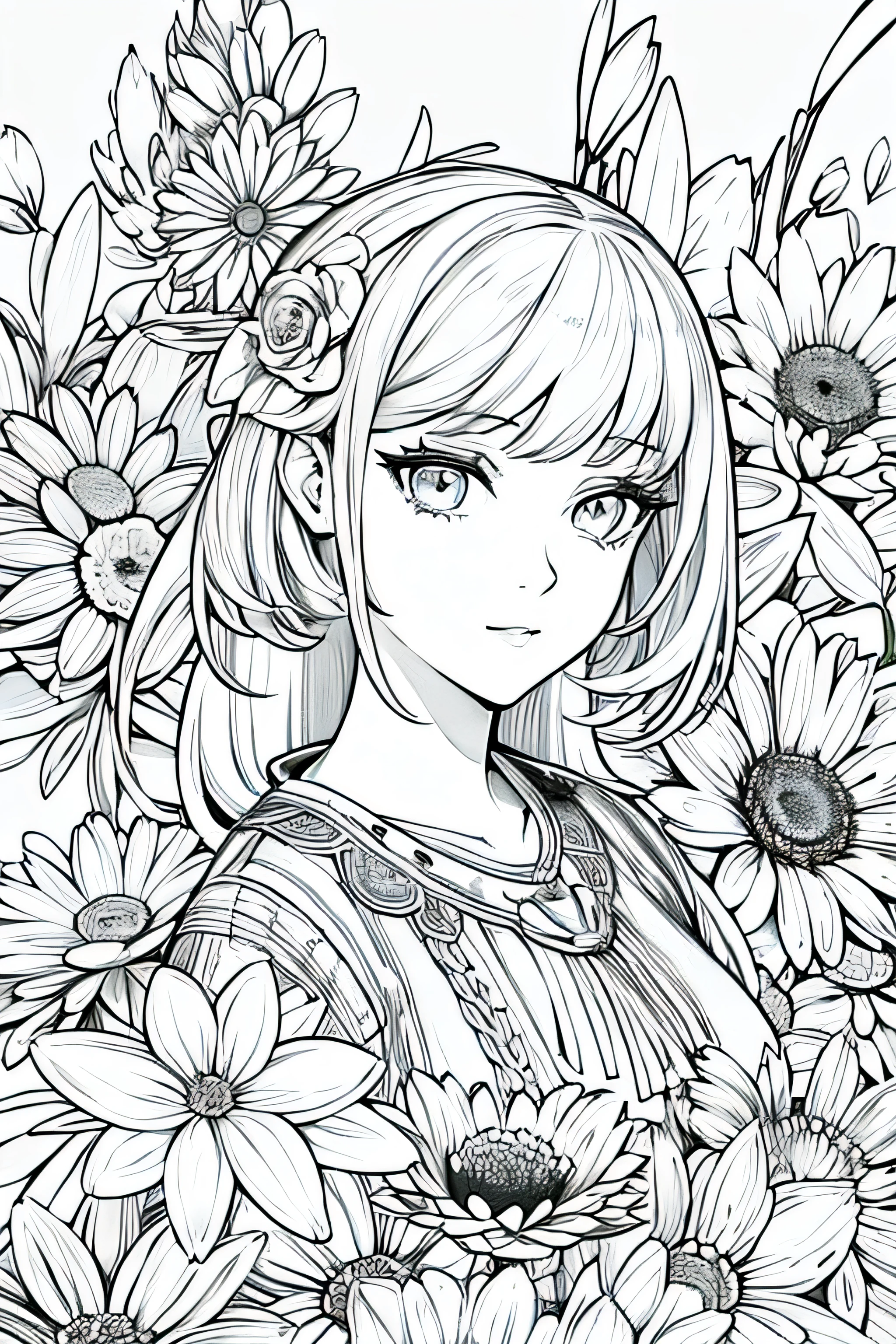 best quality, high resolution, detailed background, high contrast, 1 girl, close-up of the head, floral background, clean line drawings, vibrant colors