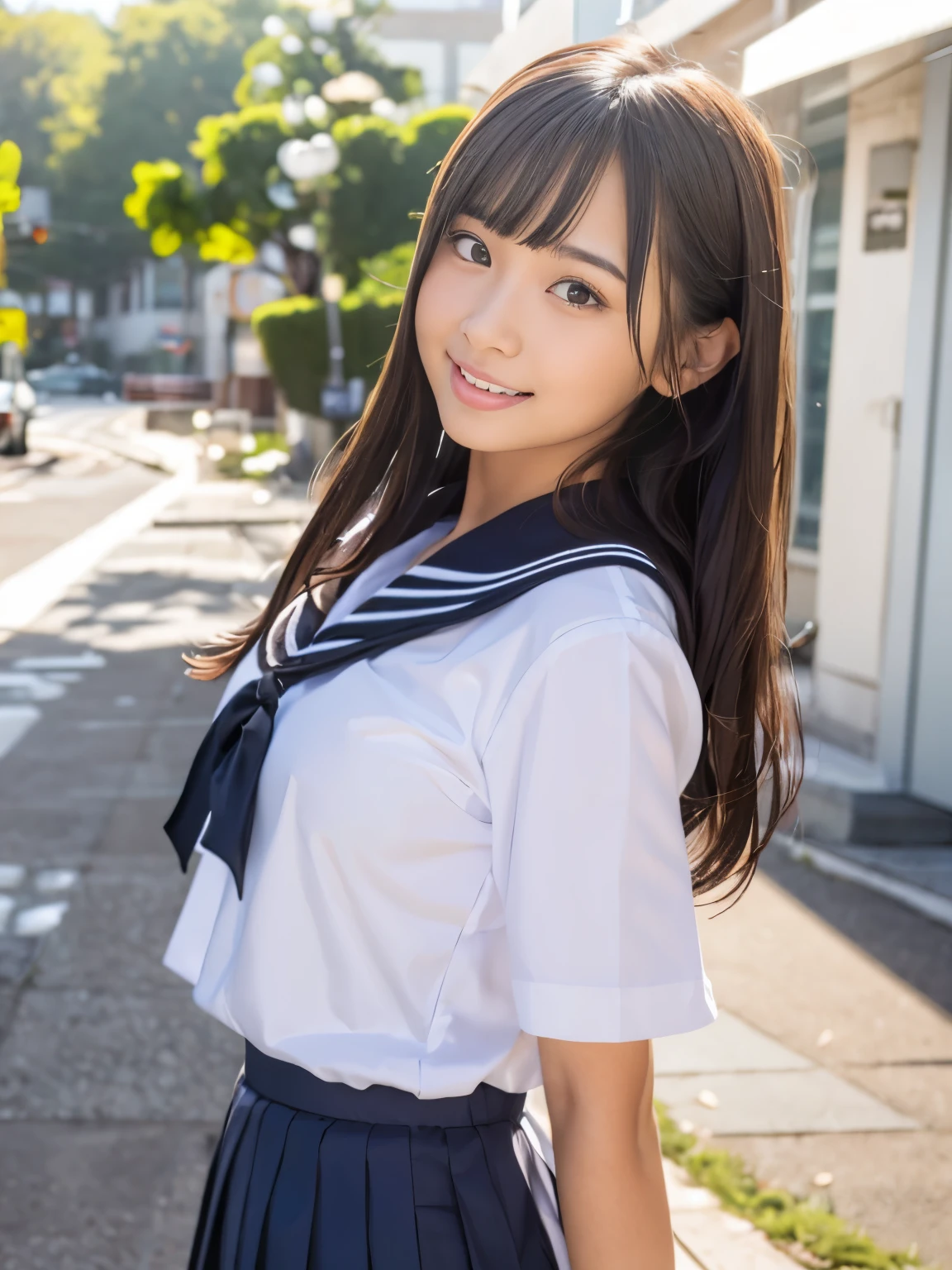 super highest quality, Japanese, genuine、open your mouth and smile, small face、dark makeup、eyeliner、Mr..々hairstyle, girl, 17 years old, whole body, Many students in the background、high school,sailor suit、navy blue skirt, daytime,Shot in the hallway of a school、cute, beauty, big breasts、