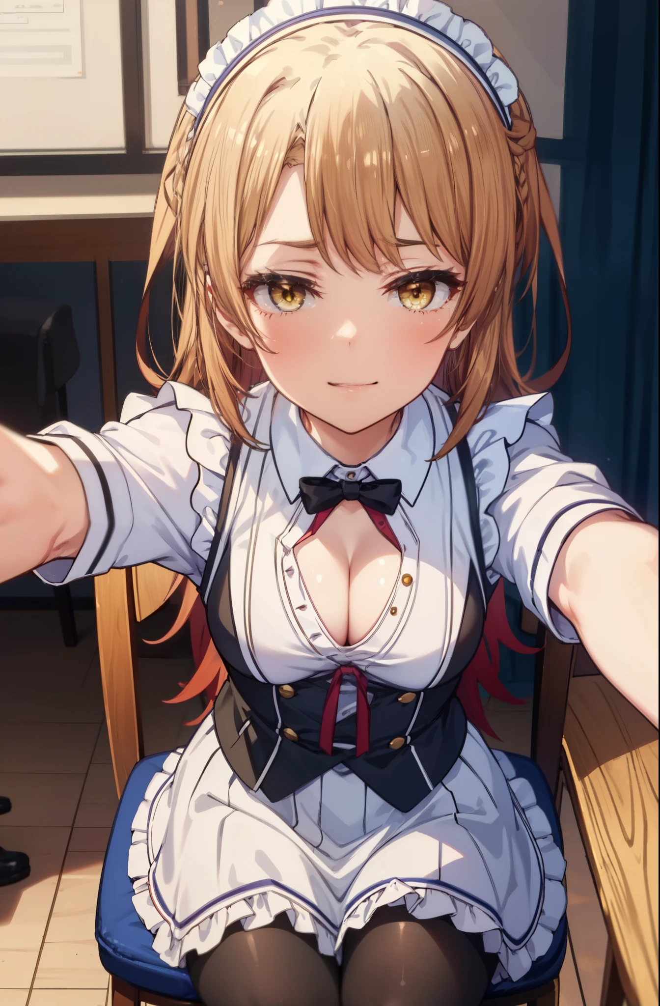 irohaisshiki, iroha isshiki, long hair, brown hair, (brown eyes:1.5), Take a selfie from above your head,with left hand, He opened the collar of his shirt to show his cleavage...,smile, smile, open your mouth,short braided hair,ponytail,blush,smile,Maid clothes,Medium chest,she was wearing a miniskirt, black pantyhose, sitting cross-legged on a chair,Make sure the whole body is included in the illustration,
break indoors, coffee shop,
break looking at viewer,
break (masterpiece:1.2), highest quality, High resolution, unity 8k wallpaper, (shape:0.8), (fine and beautiful eyes:1.6), highly detailed face, perfect lighting, Very detailed CG, (perfect hands, perfect anatomy),