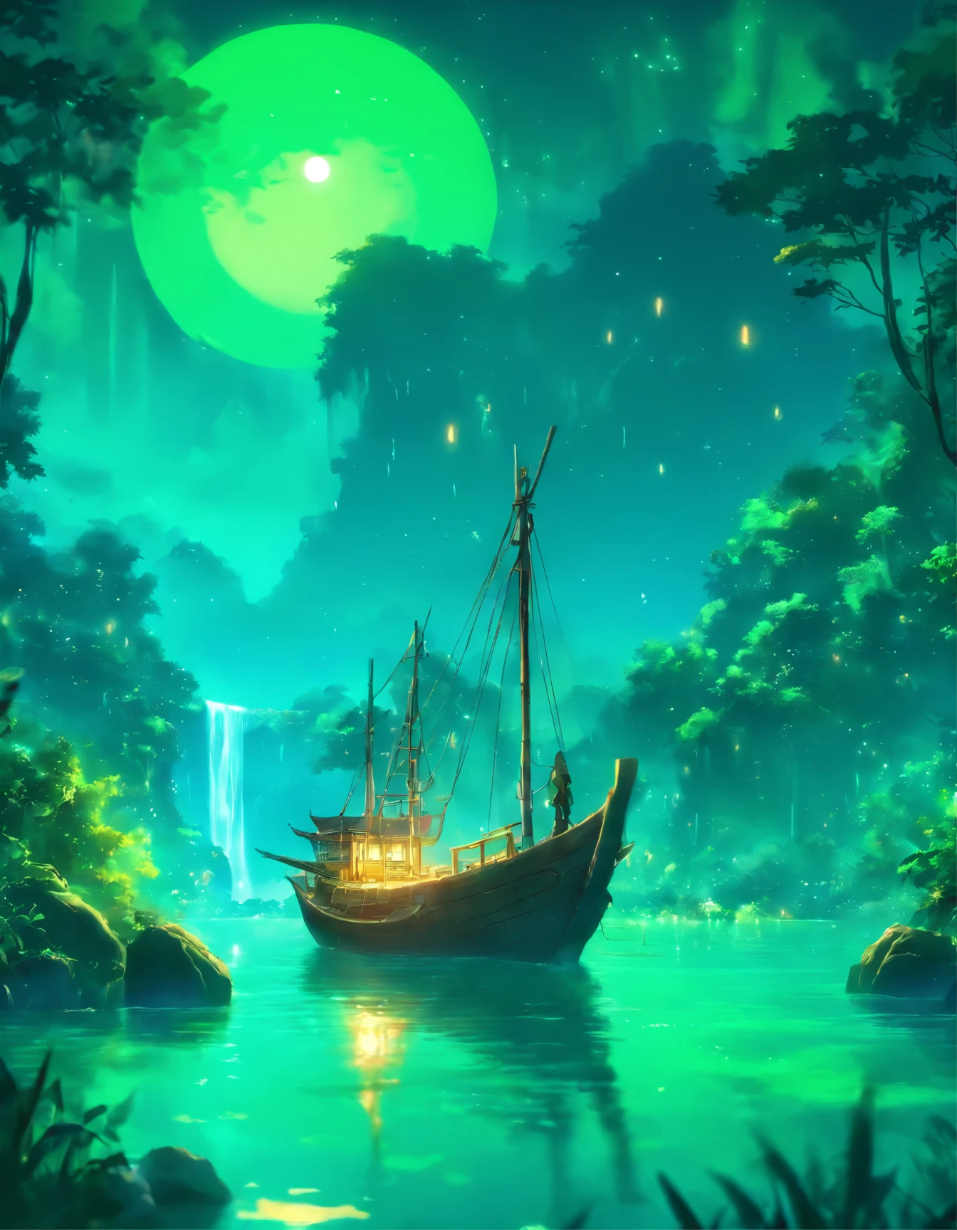 arafed boat on a river at night with a full moon, a matte painting by Alexander Jansson, trending on deviantart, fantasy art, alexander jansson style, in a deep lush jungle at night, very beautiful matte painting, a beuatiful matte painting, beautiful mattepainting, nighttime nature landscape, visually stunning scene, . background: jungle river, green waters