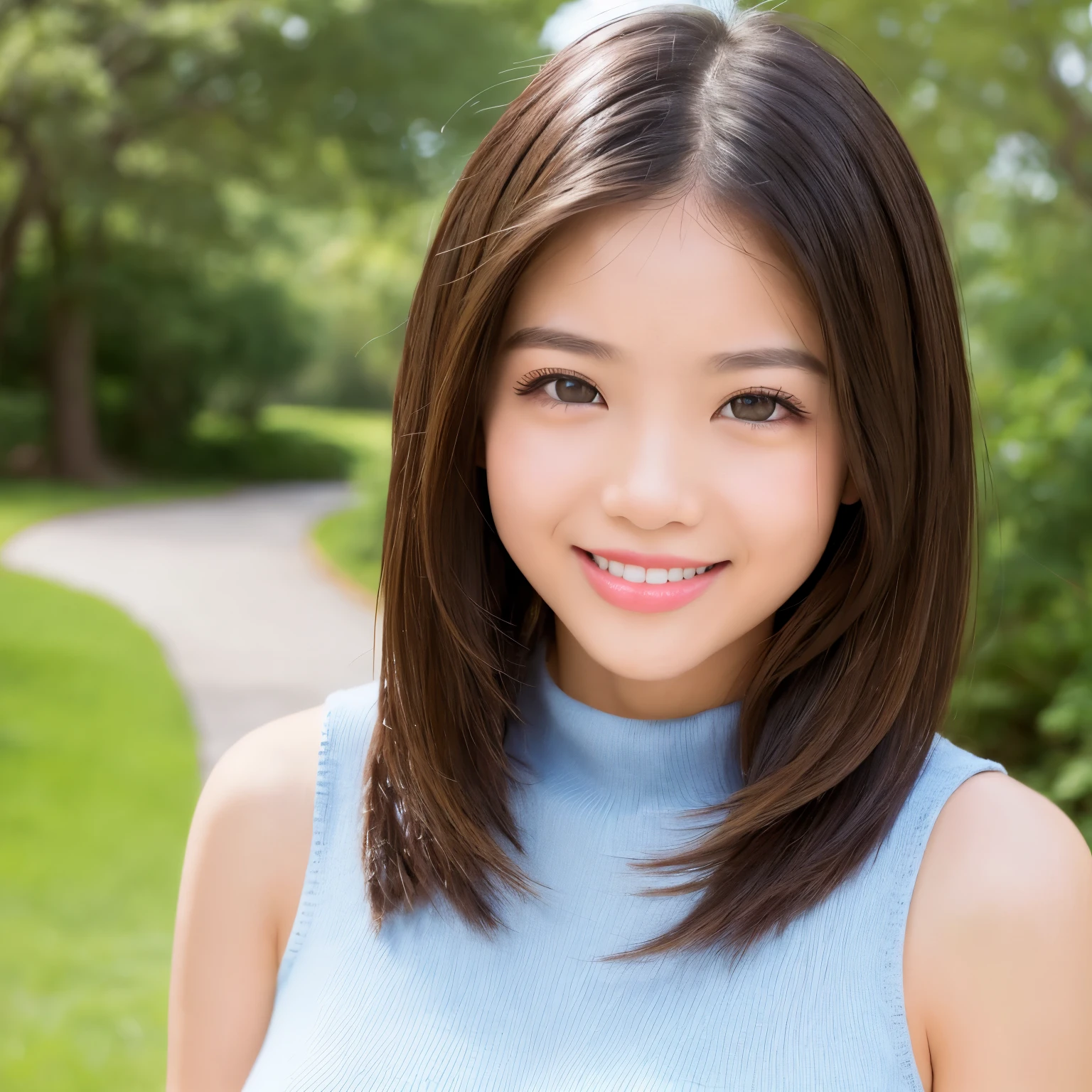 (highest quality、table top、8K、best image quality、Award-winning work)、( girl:1.)、(Perfect Sleeveless Turtleneck Knit Sweater Dress:1.3)、(short hair:1.1)、(very young girl&#39;face:1.5)、the best smile looking at me、(huge breasts:1.7)、Exactly、(emphasize body line:1.2)、low length、(glamorous body:1.2)、(Chubby body type:1.2)、(Beautiful park background with strong blur:1.1)、The most natural and perfect beauty park、A perfectly maintained normal park、stand gracefully、Refreshing scenery、natural makeup、Ultra high definition beauty face、(Super high resolution perfect teeth:1.1)、ultra high definition hair、Super high-definition sparkling eyes、(Super high resolution glossy skin:1.1)、Super high resolution glossy lips、(accurate anatomy:1.1)、(very bright and vivid:1.3)、(Beautiful skin that shines brightly:1.3)、(Smile and stick out your beautiful perfect tongue:1.1)