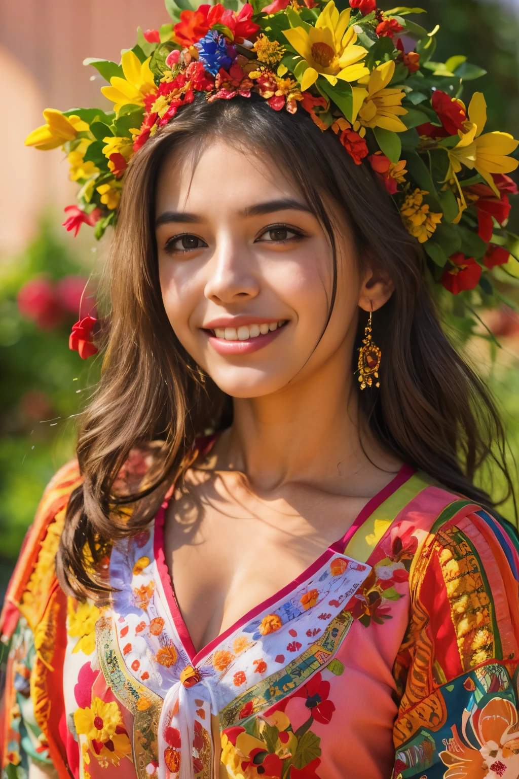 (best quality,realistic:1.2),beautiful Spanish girl,detailed eyes,luscious lips,flowing brunette hair,warm sunlight,captivating smile,vibrant colors,traditional Spanish dress,flower crown,garden background,floral elements,rich texture,portrait style,soft and natural lighting, (NSFW:1.3)