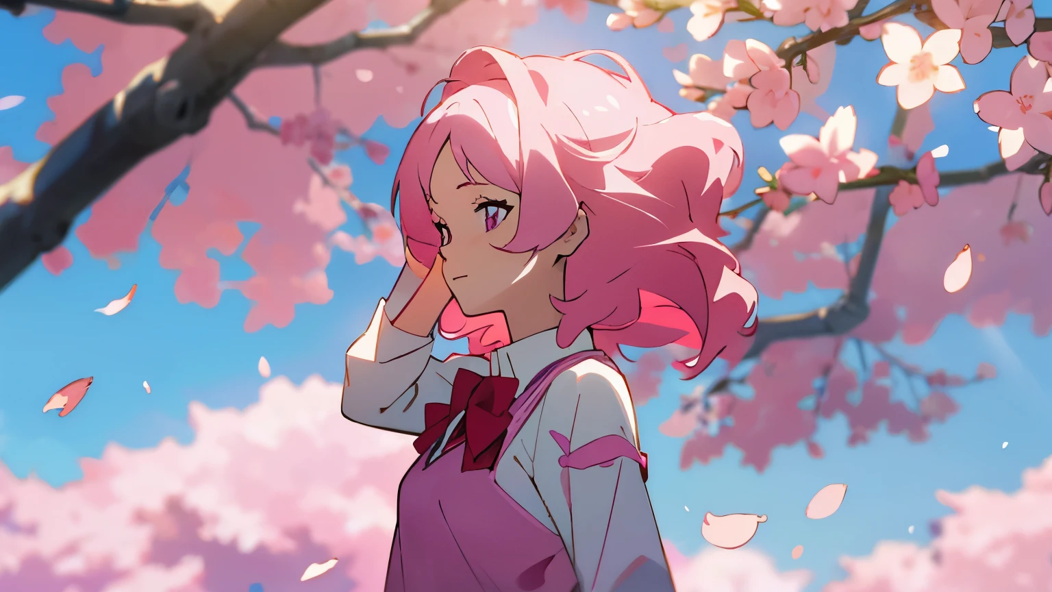 light pink hair, pink eyes, pink and white, cherry blossom leaves, Bright colors, white dress, paint splash, simple background, ray tracing, wavy hair,girl wearing anime style uniform
