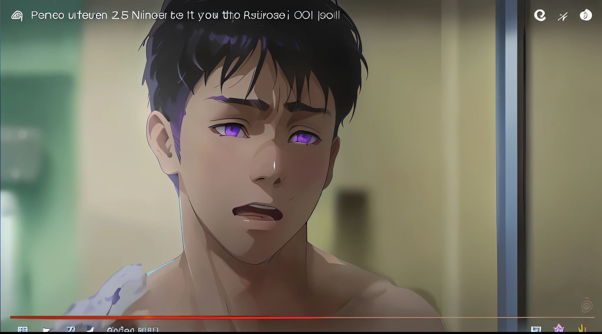 cute young male purple hair purple eyes is upset