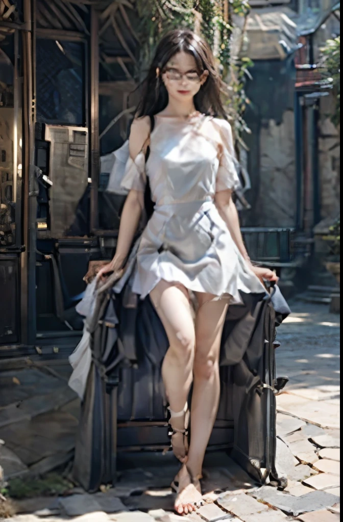 A Female robot is sleeping in forest, spread legs, nude, banzai pose. she does not wear any dress. She has black short hair. She lifts up the under hem of her white plain dress, leaning over, masterpiece, mature, android, blue eyes, full body figure, Height: 160cm, flushed cheeks, 2020s anime picture, A beautiful female robot , No NSFW, whole body, barefoot, archaic smile, getting orgasm, 25 years old, sweat bucket. She wears silver metal flamed glasses.
She can move while doing a handstand.