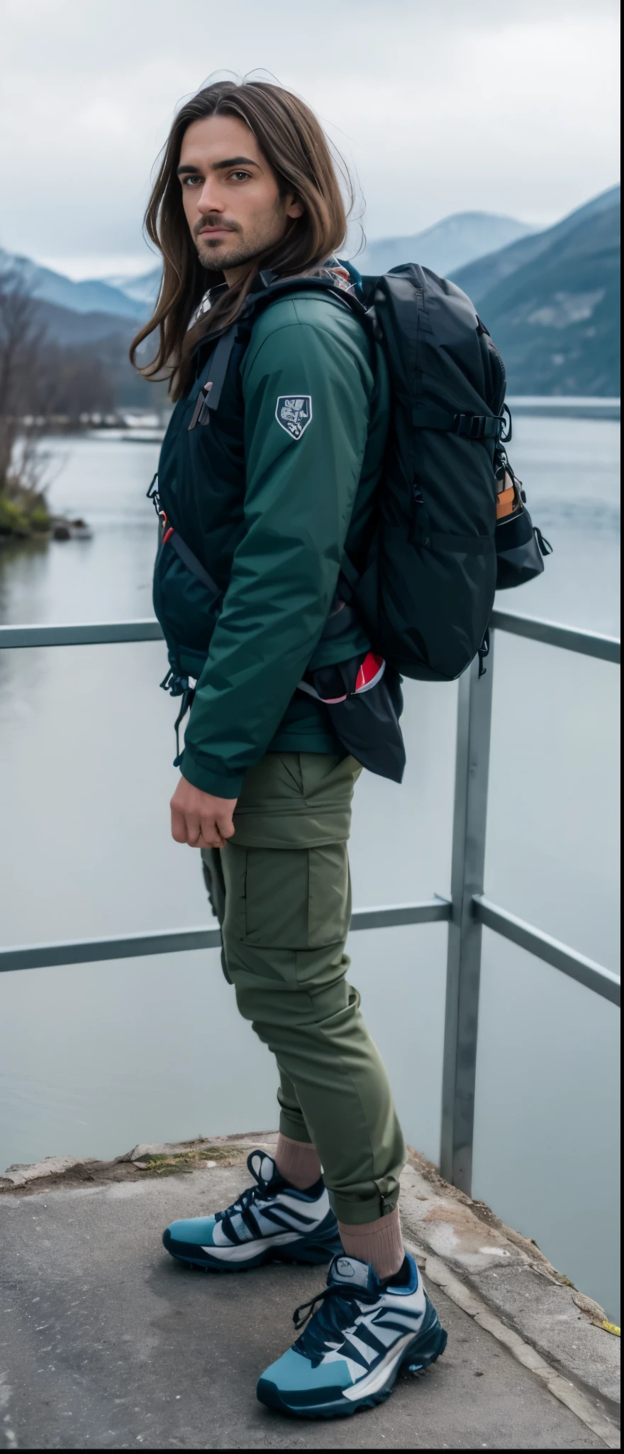 perky woman standing on a ledge overlooking a lake and mountains, um homem vestindo uma mochila, roupas de caminhada, wearing equipamento de aventura, com uma mochila, carrying survival gear, bolsa na cintura, vestindo equipamento de aventura, com dois bolsos frontais, equipamento de aventura, wearing cargo pants, detalhes robustos, vestindo roupas sujas de viagem, o homem tem uma mochila