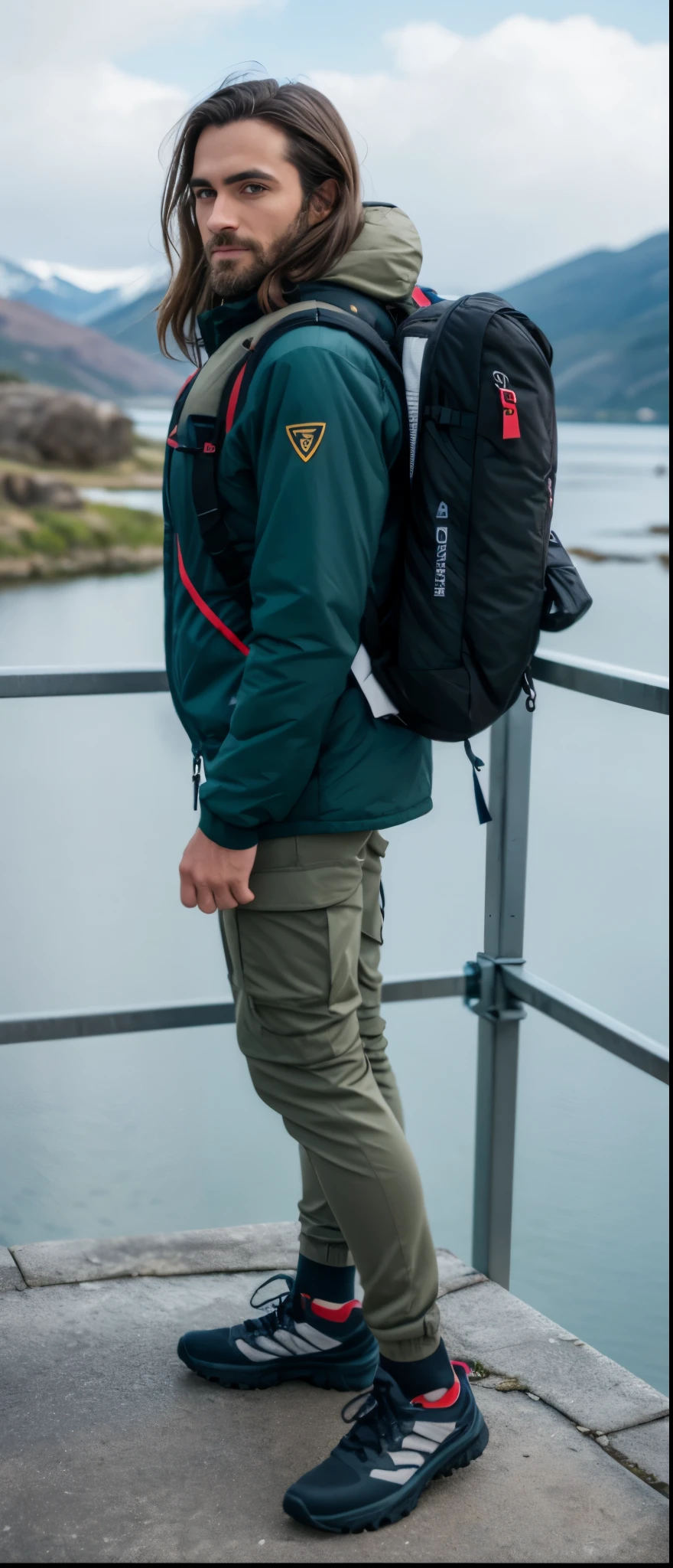 perky woman standing on a ledge overlooking a lake and mountains, um homem vestindo uma mochila, roupas de caminhada, wearing equipamento de aventura, com uma mochila, carrying survival gear, bolsa na cintura, vestindo equipamento de aventura, com dois bolsos frontais, equipamento de aventura, wearing cargo pants, detalhes robustos, vestindo roupas sujas de viagem, o homem tem uma mochila